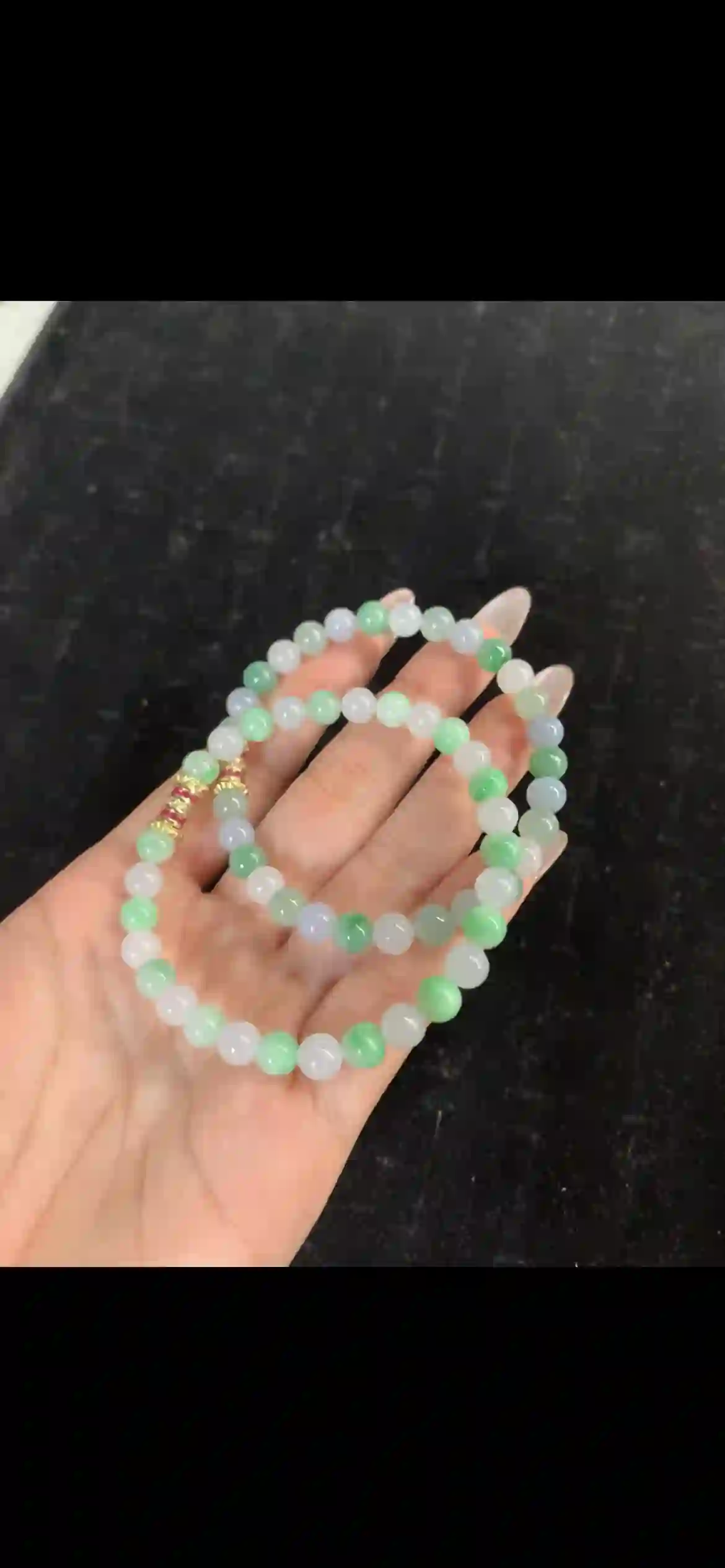 Multi-Shade Green & Lavender Jadeite Beaded Bracelet — Ruby & Gold Accent SpacersZ zzz | Myanmar Jadeite reference #30630001
