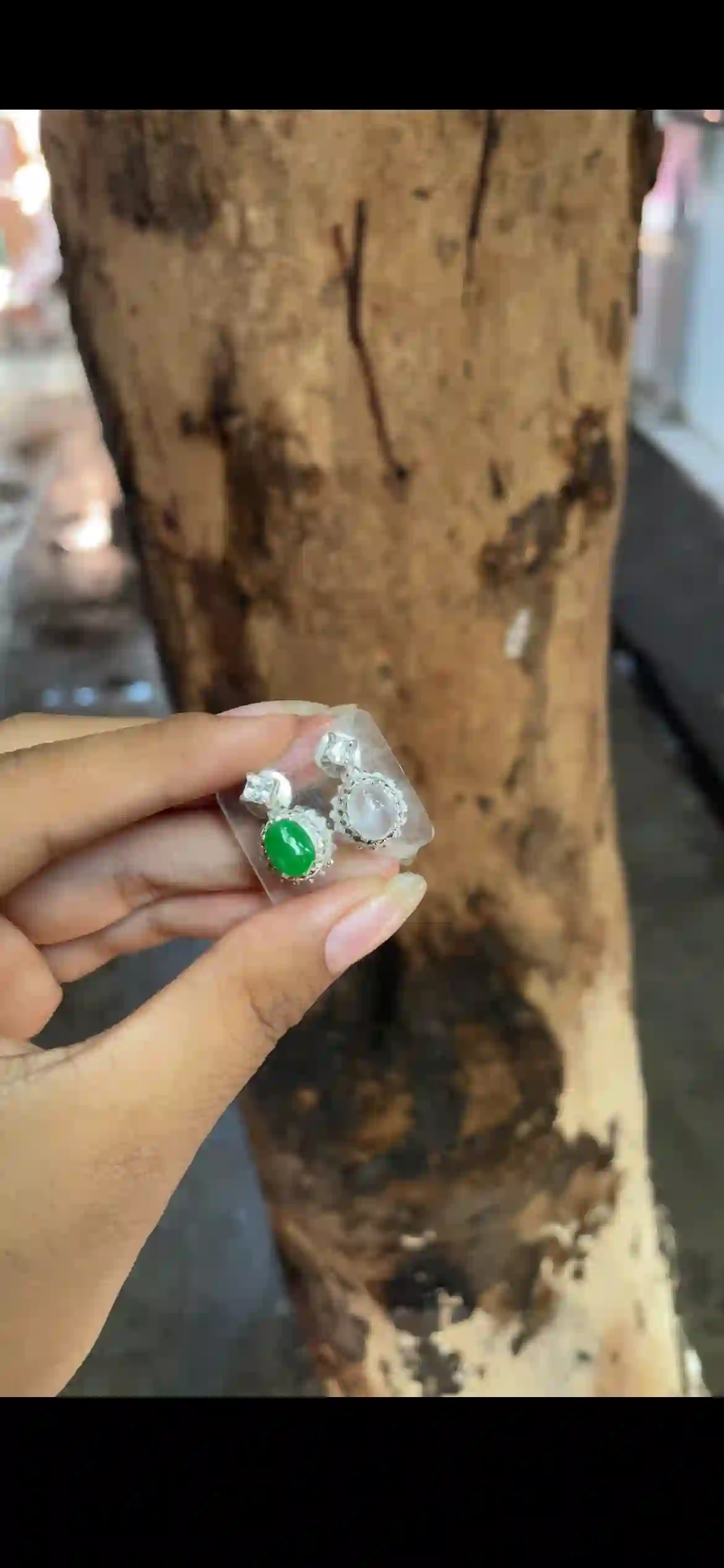 Two-Tone Jade Stud Earrings — Vivid Green & Icy White Cabochons | Myanmar Jadeite reference #27360001