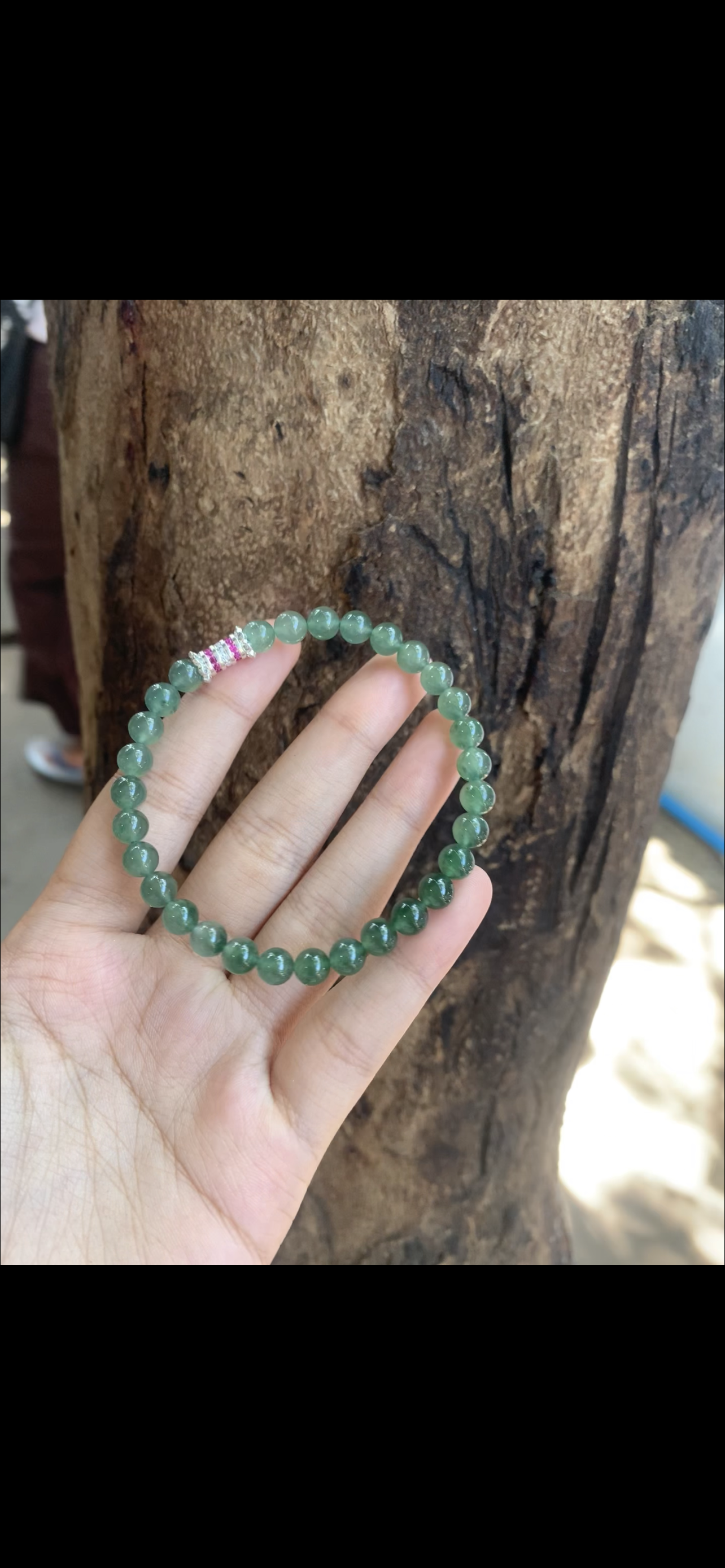Natural Green Jadeite Bead Bracelet with Silver Accent - Burmese Jadeite from Myanmar