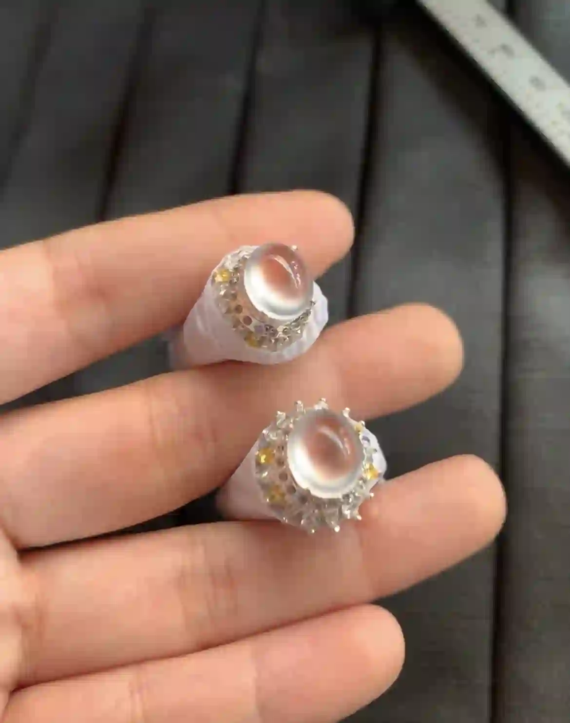   Natural Icy White Jade Ring Pair with Yellow Sapphire Accents, view 2 | Myanmar Jadeite reference #2550001