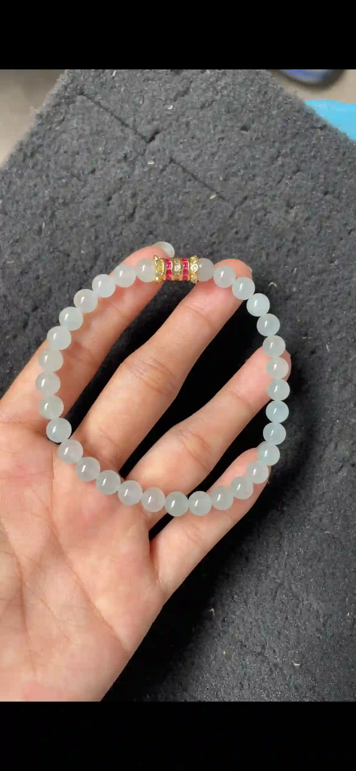 Icy Pale Green Jadeite Beaded Bracelet with Gold Accent | Myanmar Jadeite reference #4320003