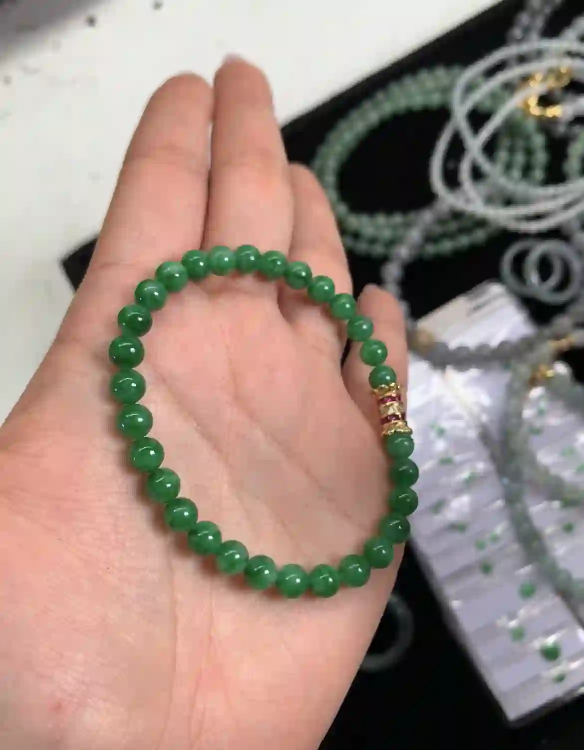 Vivid Full Green Jadeite Beaded Bracelet with Gold Accent | Myanmar Jadeite reference #12120001