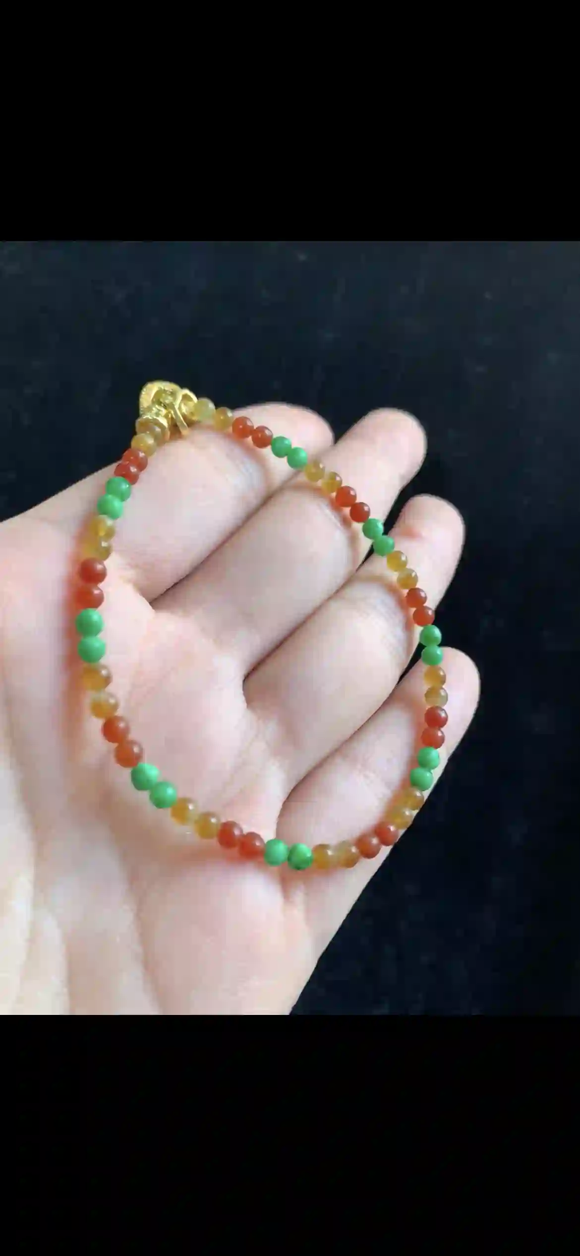 Vibrant Tri-Color Jade Beaded Bracelet — Delicate Gold Clasp | Myanmar Jadeite reference #34710001