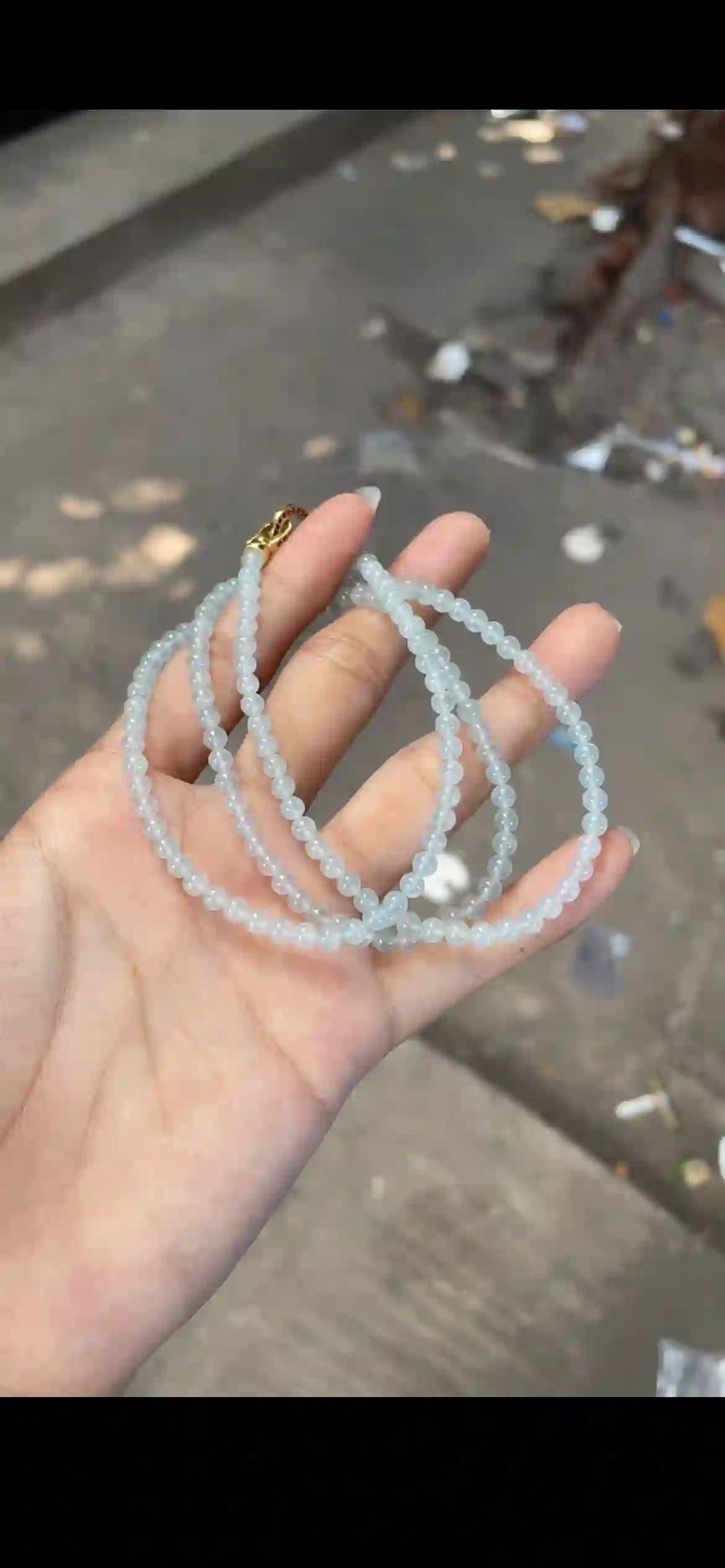 Icy Pale Blue Moonlight Jade Three-Strand Necklace — Gold Clasp with Red Accent | Myanmar Jadeite reference #33810002
