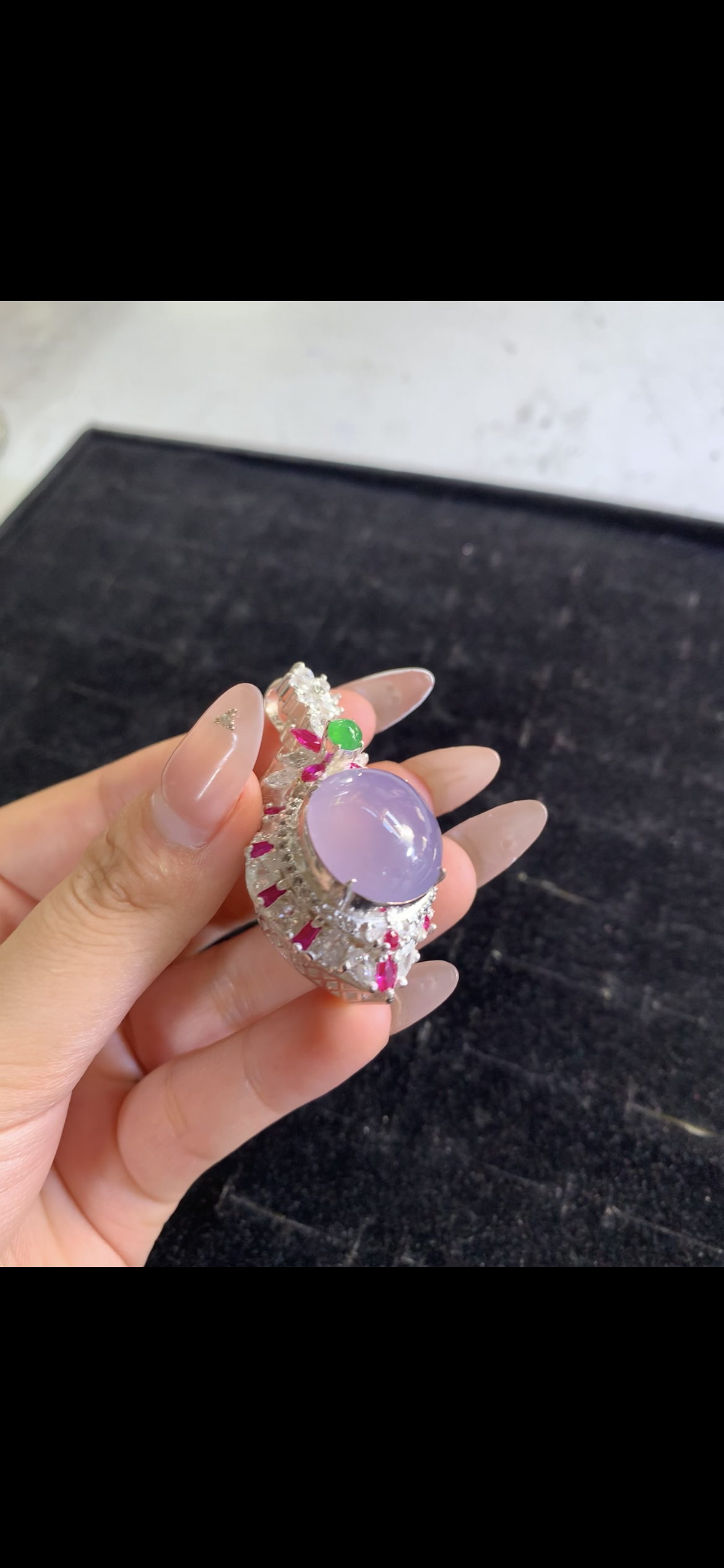 Lavender Jade Cabochon Pendant with Ruby & Emerald Accents — Luxury Statement Piece