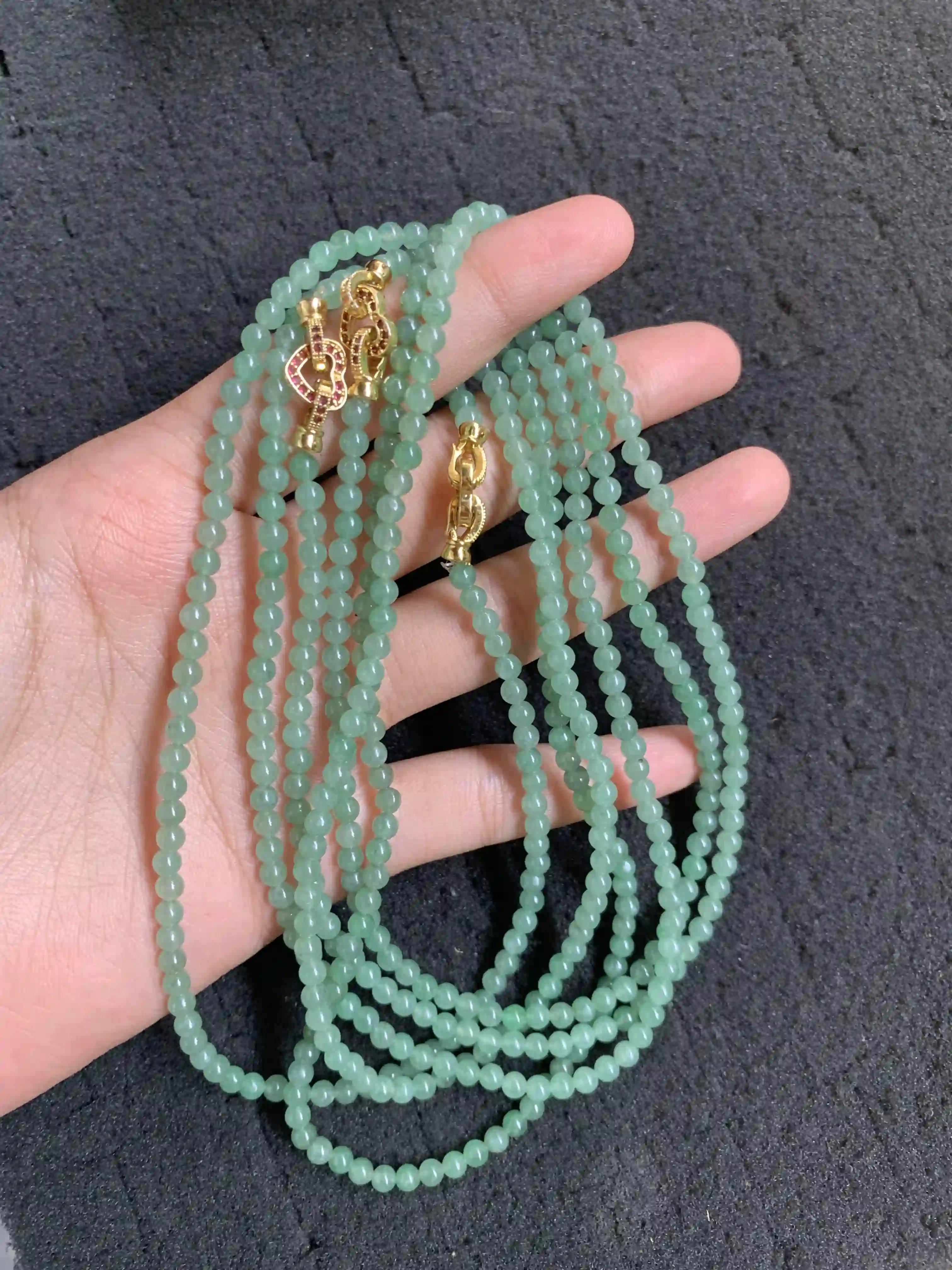   Icy Green Jade Bead Necklace with Gold Clasp, view 2 | Myanmar Jadeite reference #2130004
