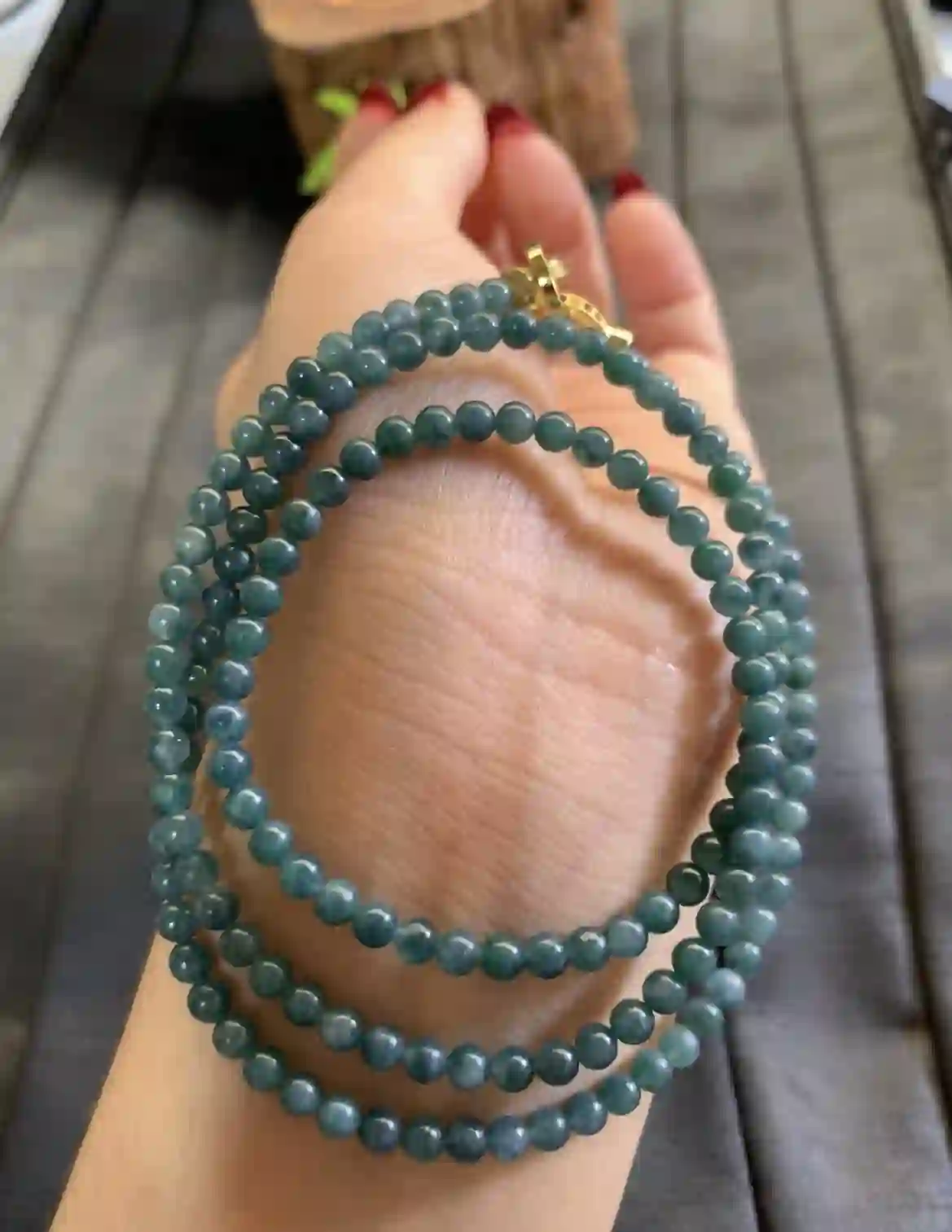 Deep Blue-Green Jade Bead Necklace, view 2 | Myanmar Jadeite reference #2730001