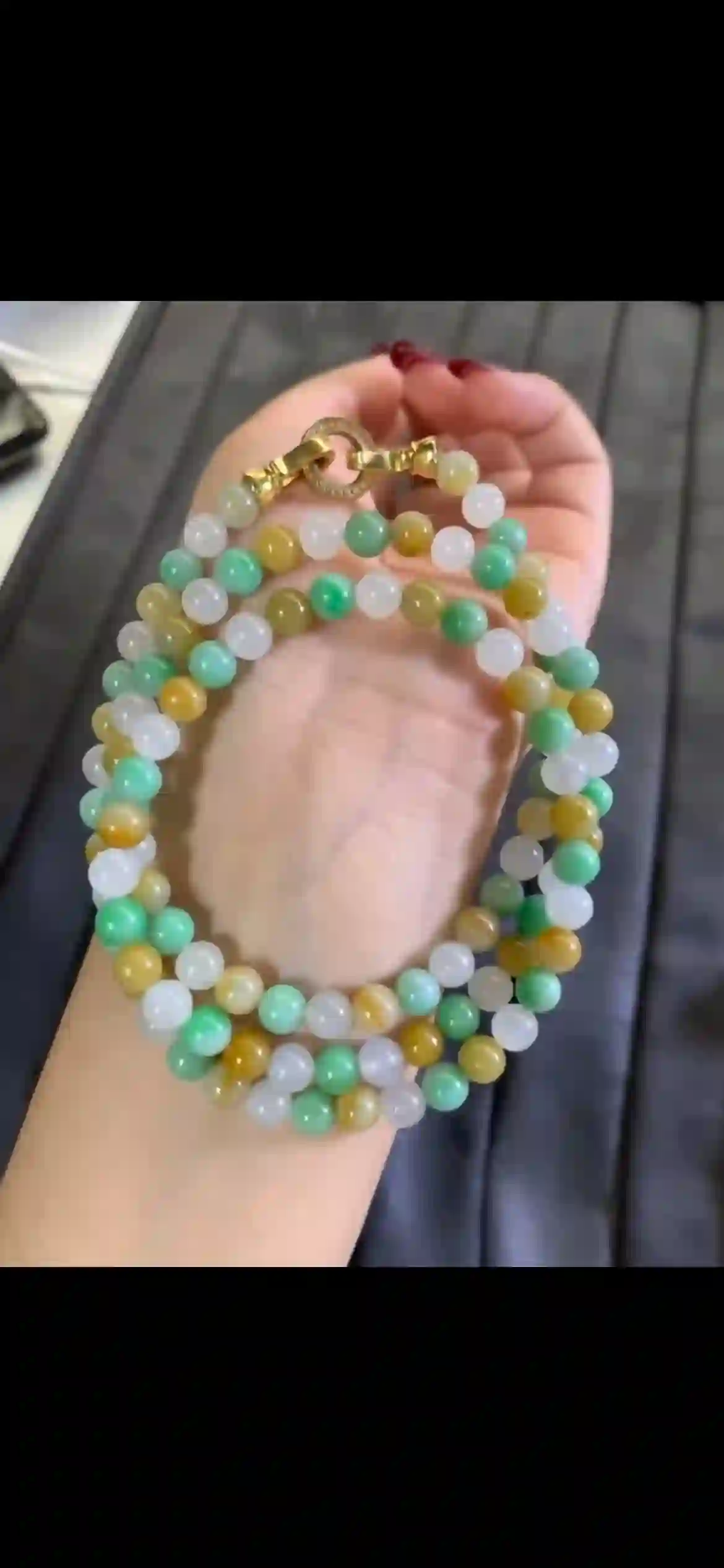  Multicolor Icy Jadeite Beaded Multi-Strand Bracelet with Gold Clasp, view 2 | Myanmar Jadeite reference #4620001