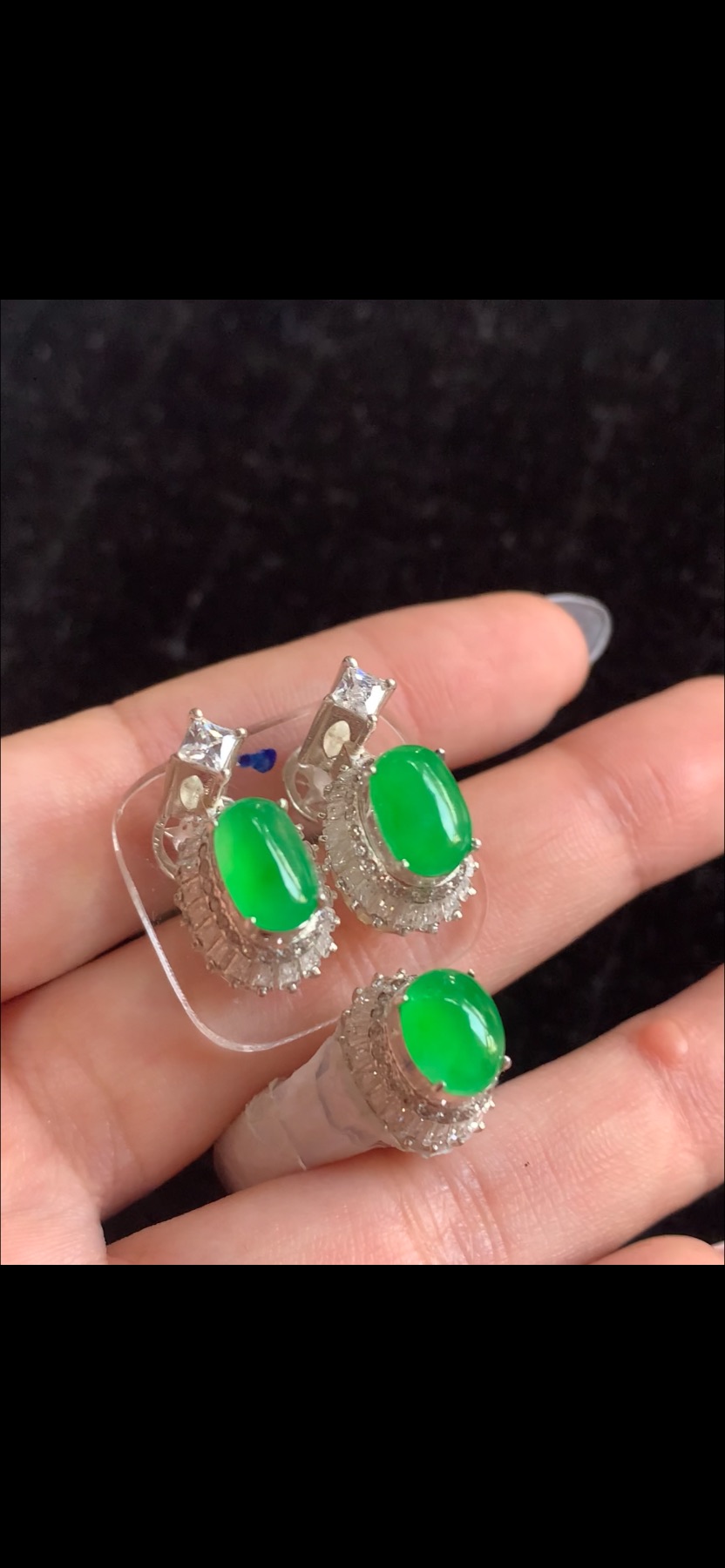 Natural Imperial Emerald Green Jadeite Cabochon Ring & Dangle Earrings Jewelry | Myanmar Jadeite reference #37950002