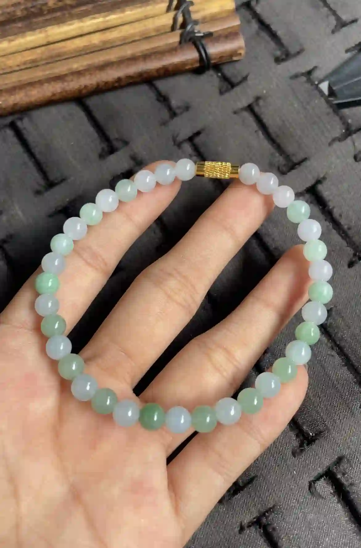 Natural Icy Green Jade Bead Bracelet with Gold Accent, view 2 | Myanmar Jadeite reference #2520004