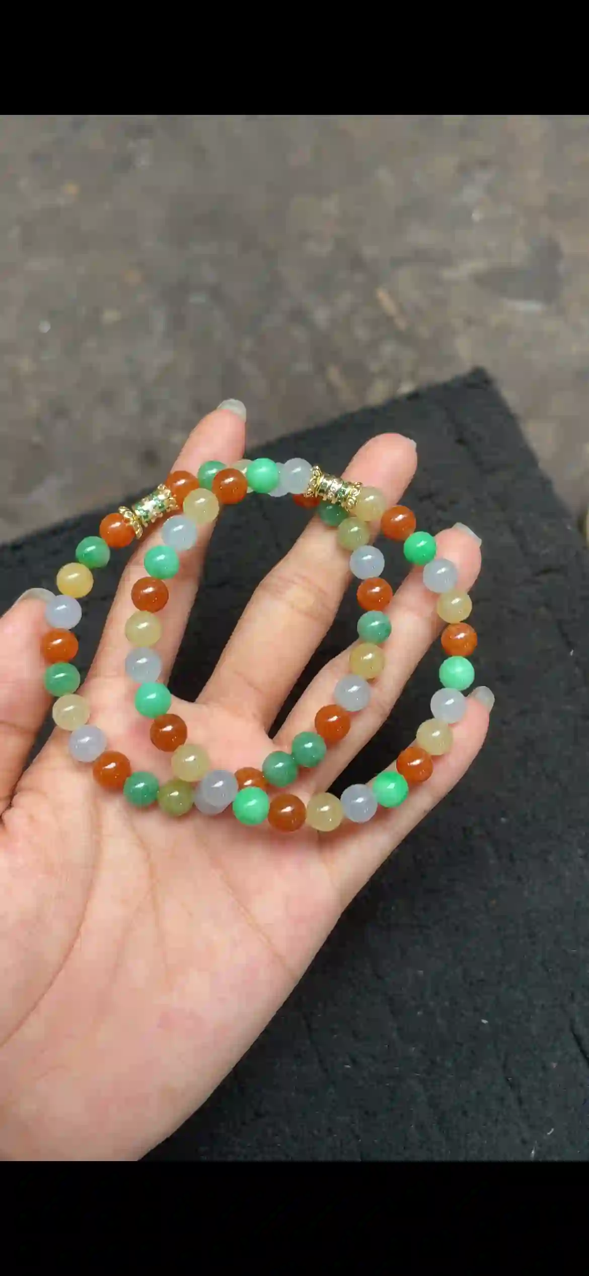 Multicolor Icy Jadeite Beaded Double-Strand Bracelet with Gold Accents | Myanmar Jadeite reference #4560001