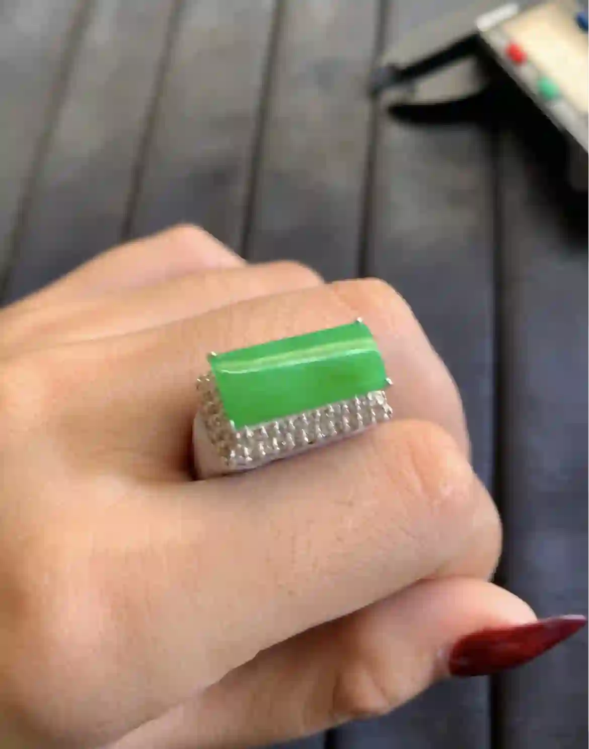  Vibrant Green Jade Rectangular Ring with Diamond Accents | Myanmar Jadeite reference #2880001