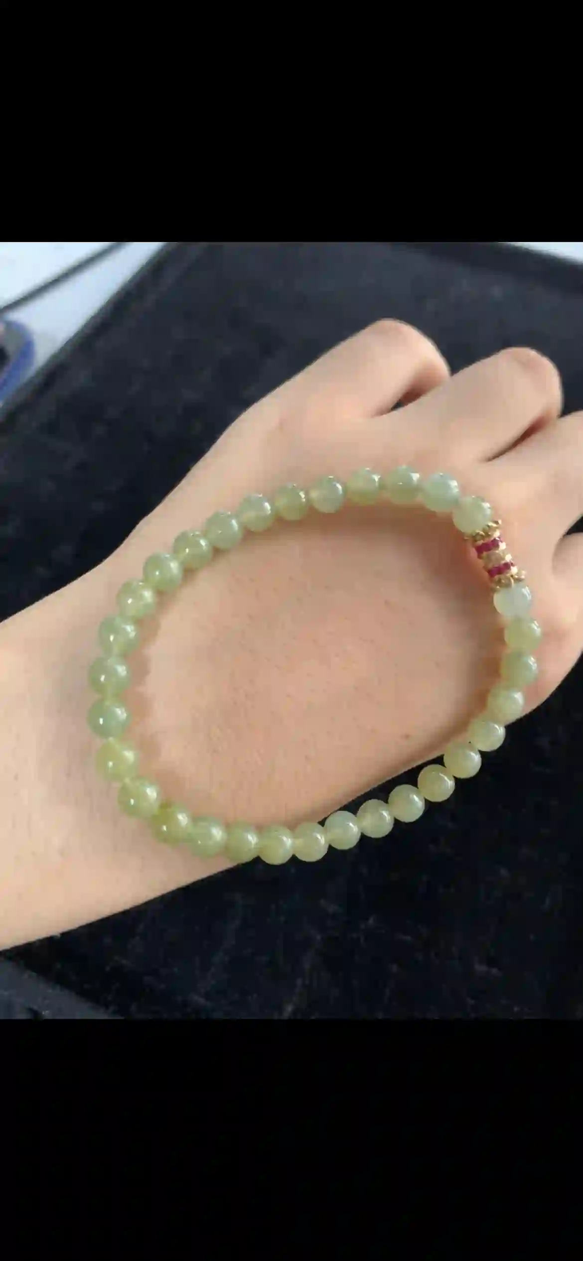 Olive Green Jade Beaded Bracelet — Gold & Ruby Accent Spacer | Myanmar Jadeite reference #29070001