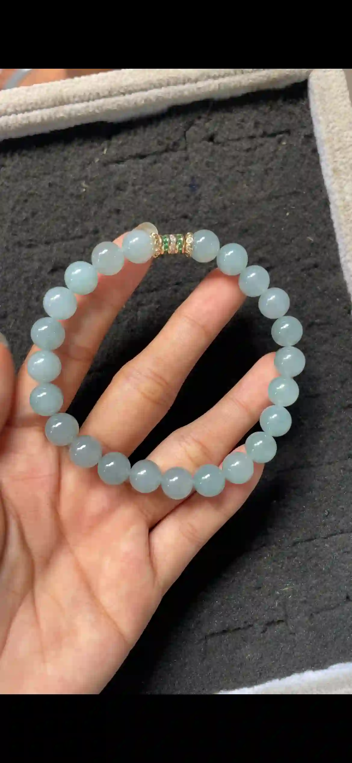   Natural Icy Pale Blue-Green Jadeite Bead Bracelet with Gold Accent | Myanmar Jadeite reference #6690005