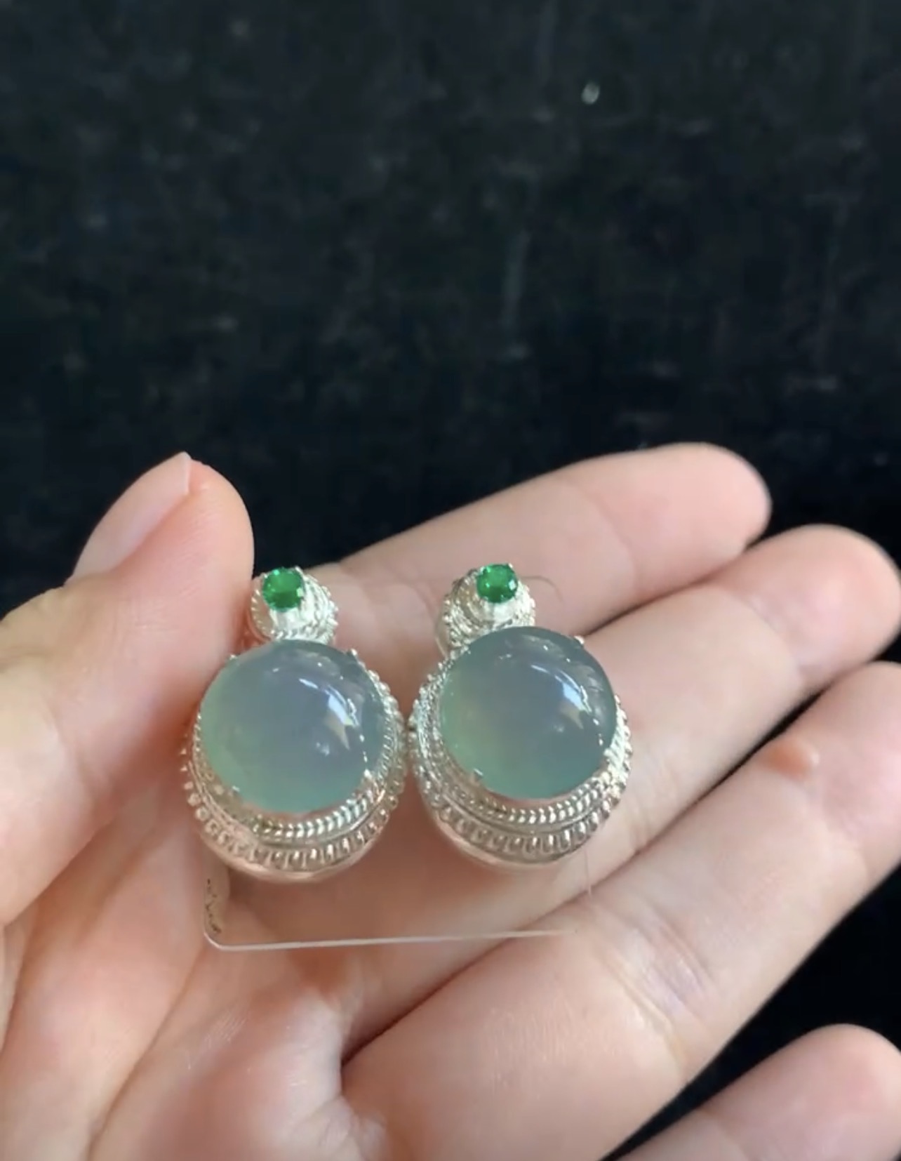 Elegant Natural Ice Jadeite Cabochon Stud Earrings in Silver Setting | Myanmar Jadeite reference #37710001