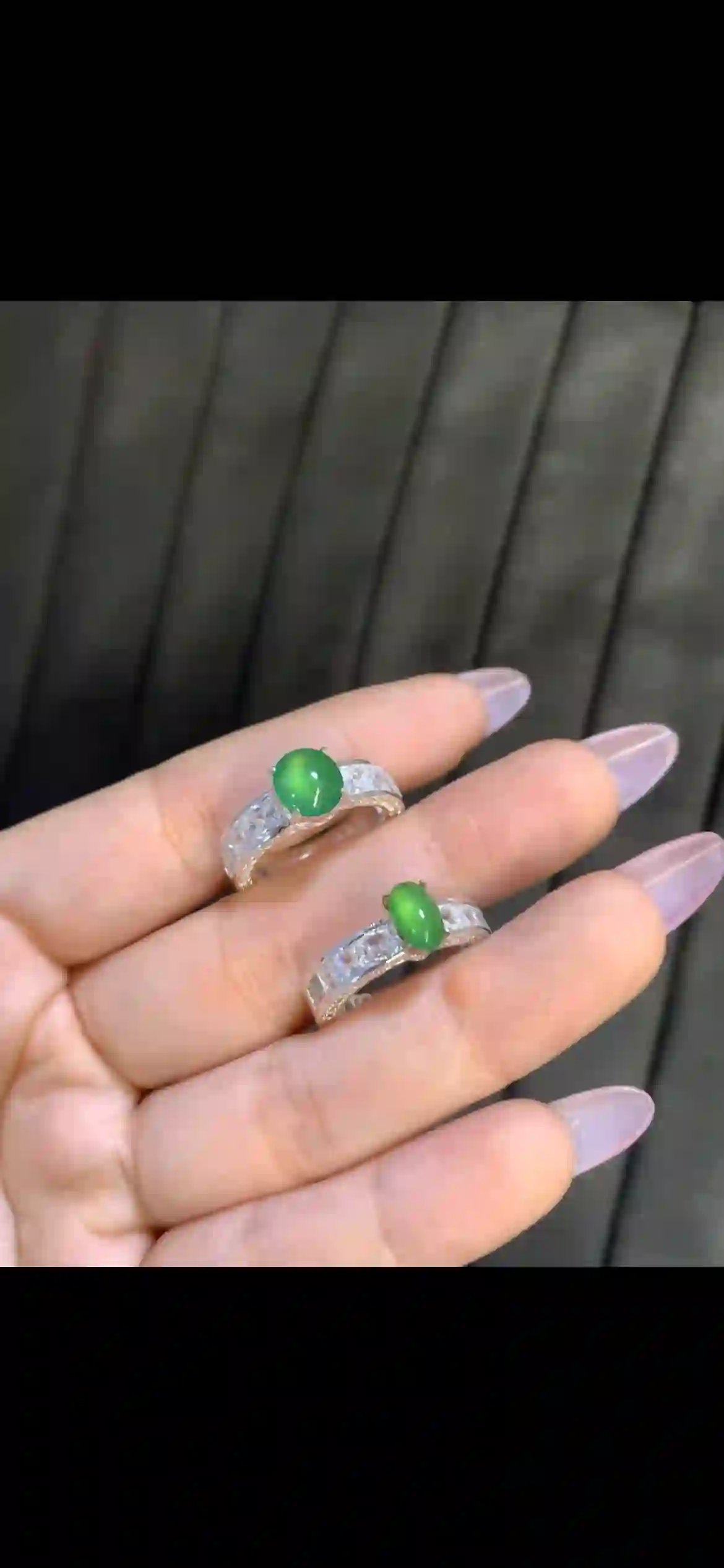 Vibrant Green Jadeite Cabochon Silver Inlaid Ring Pair, view 2 | Myanmar Jadeite reference #8310001