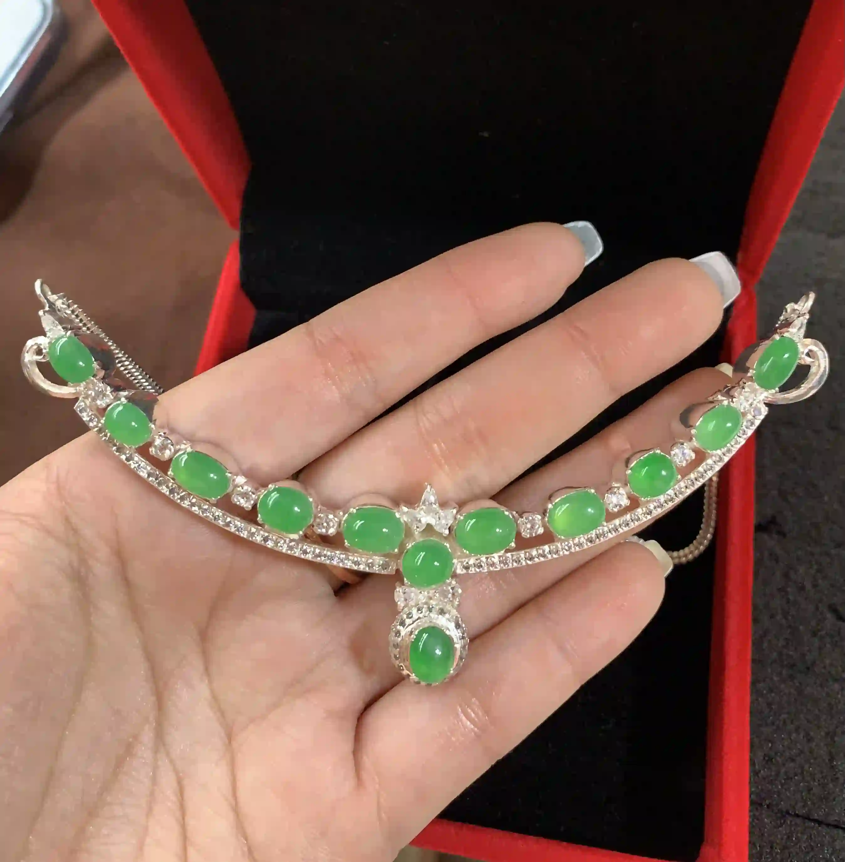 Elegant Green Gemstone and Crystal Statement Necklace, view 2 | Myanmar Jadeite reference #360004