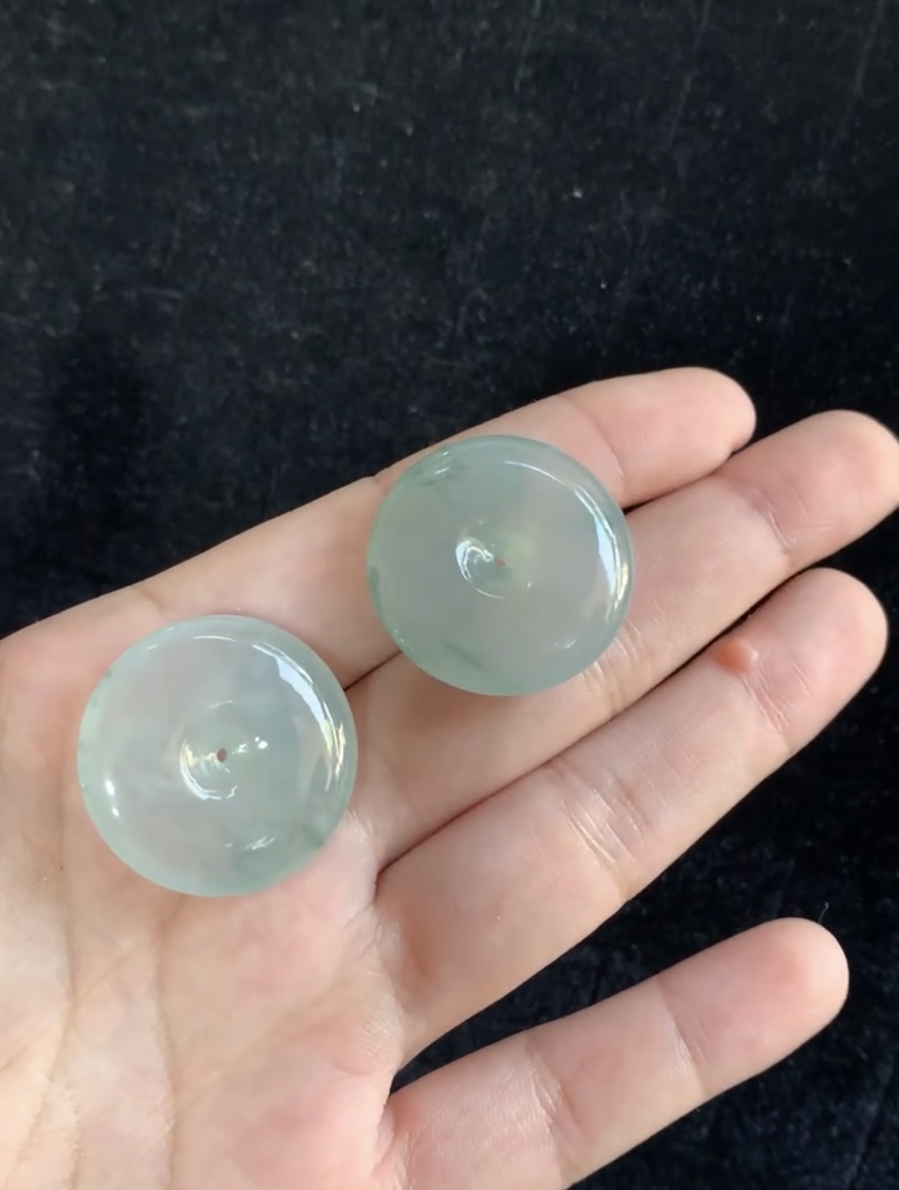 Natural Ice Variety Light Green Jadeite Ping An Kou Donut Pendants Pair | Myanmar Jadeite reference #37740001