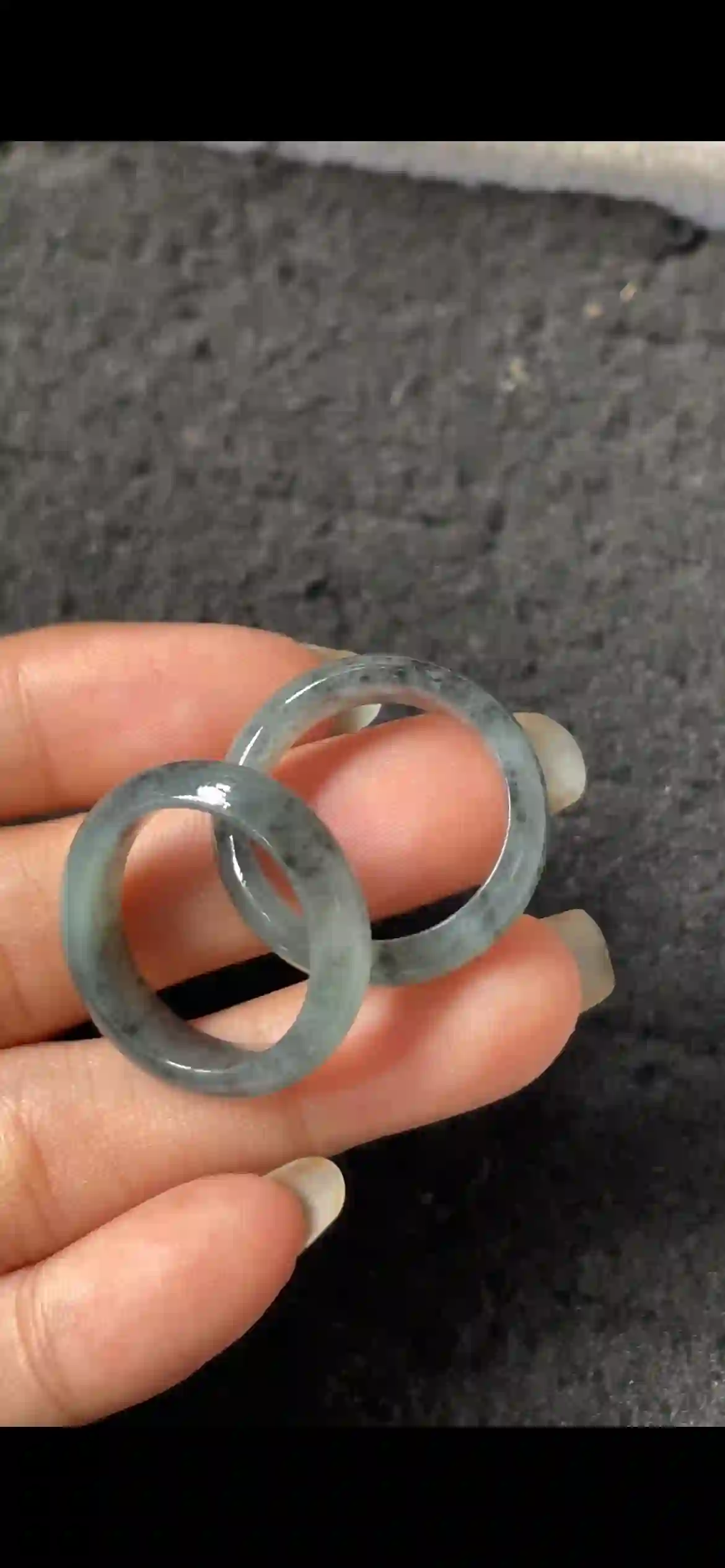 Natural Icy Black Oil Jadeite Band Ring Pair | Myanmar Jadeite reference #6690004