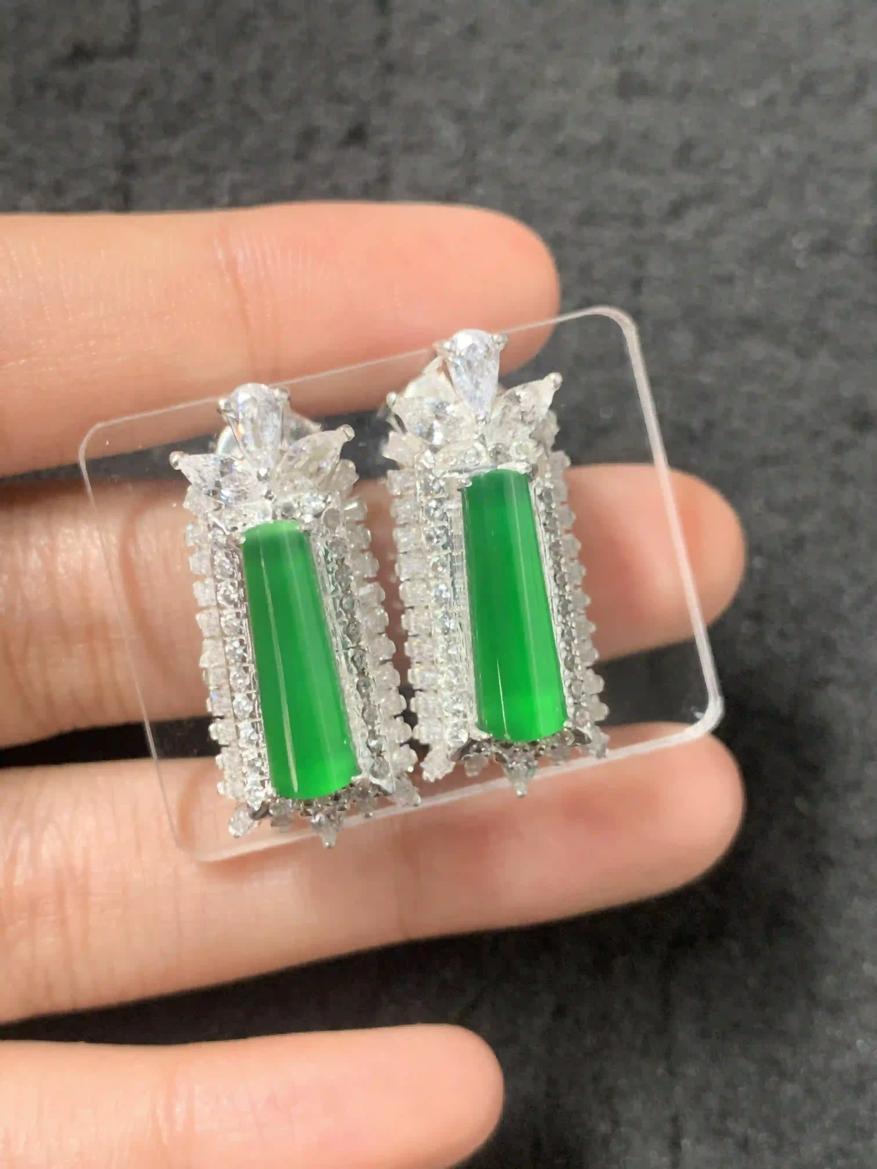  Natural Vivid Green Jade Baguette Diamond Earrings | Myanmar Jadeite reference #1770005