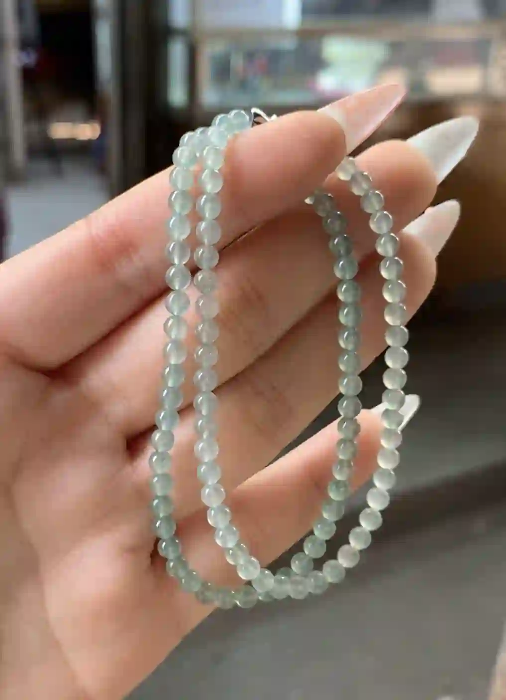 Delicate Light Blue-Grey Jadeite Beaded Long Necklace | Myanmar Jadeite reference #1020002