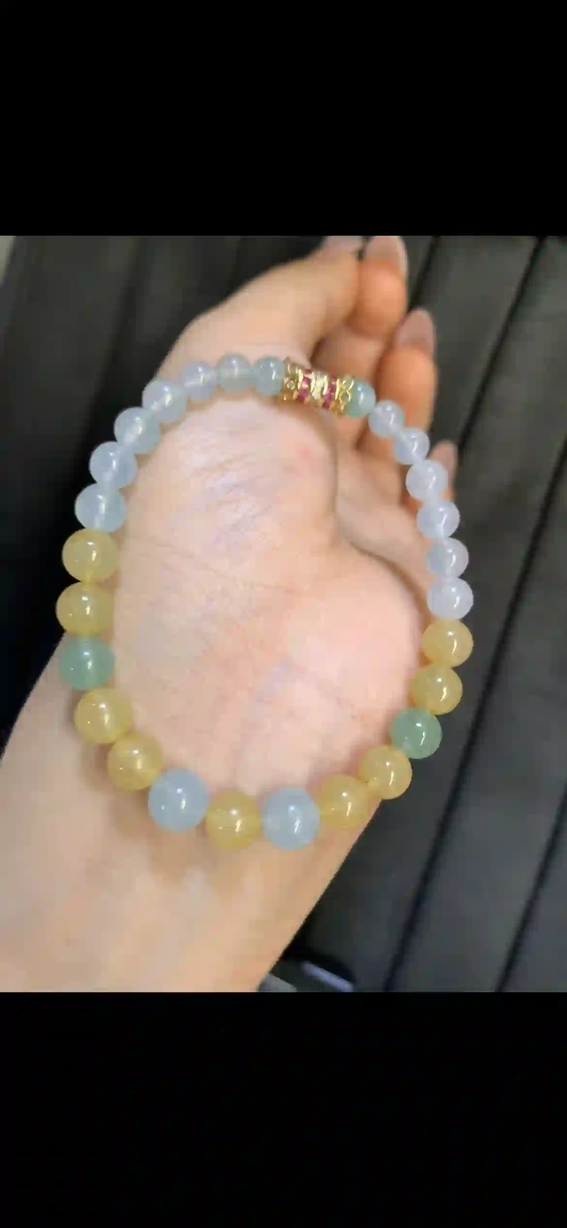 Icy Yellow & White Green Jadeite Bead Bracelet, view 2 | Myanmar Jadeite reference #8310005