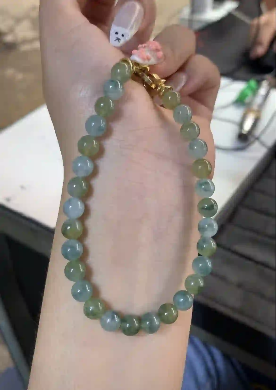   Natural Oil Green Jade Bead Bracelet, view 2 | Myanmar Jadeite reference #1830002