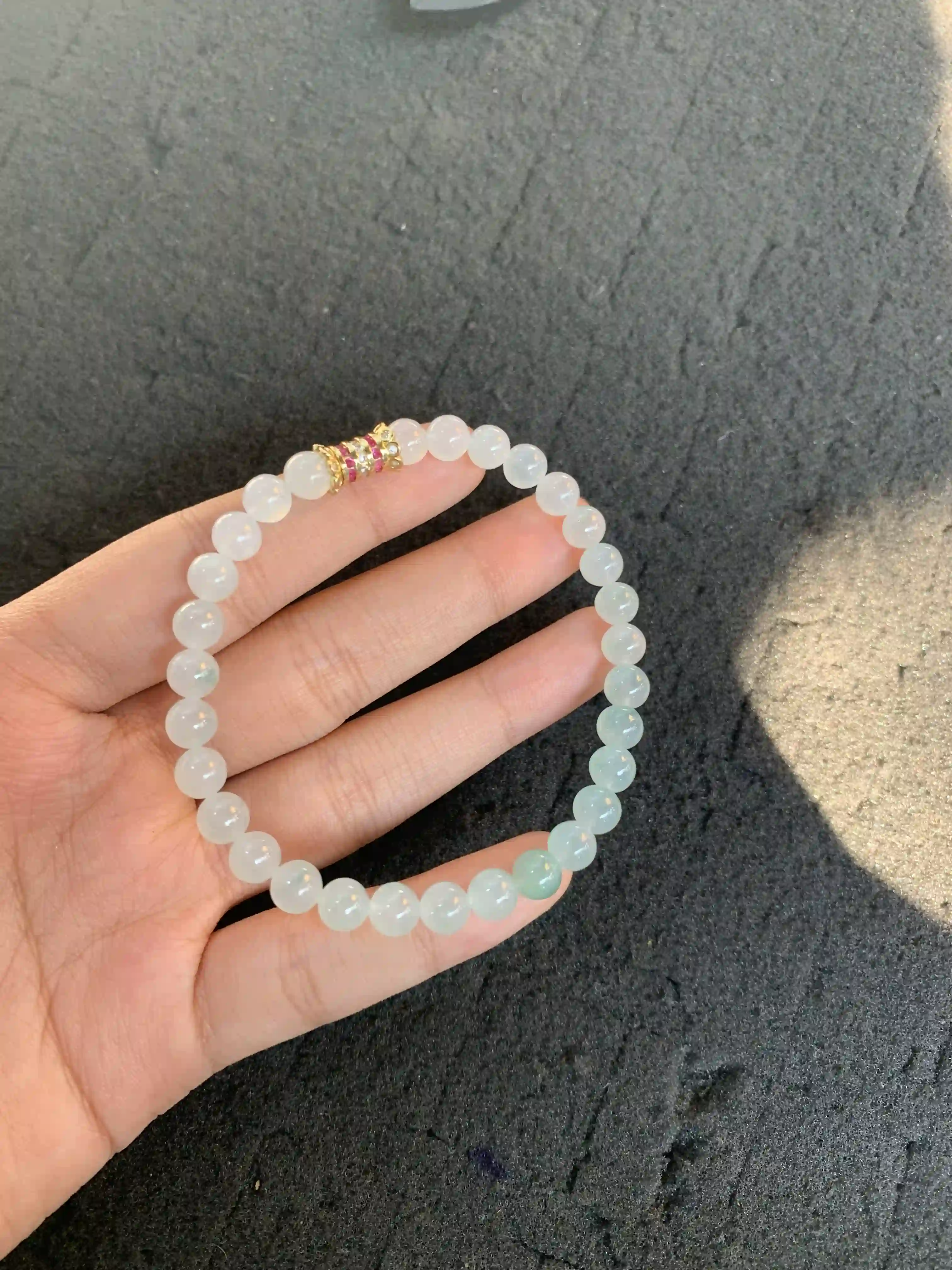 Gradient White-to-Green Jade Bead Bracelet with Embellished Accent | Myanmar Jadeite reference #1380007