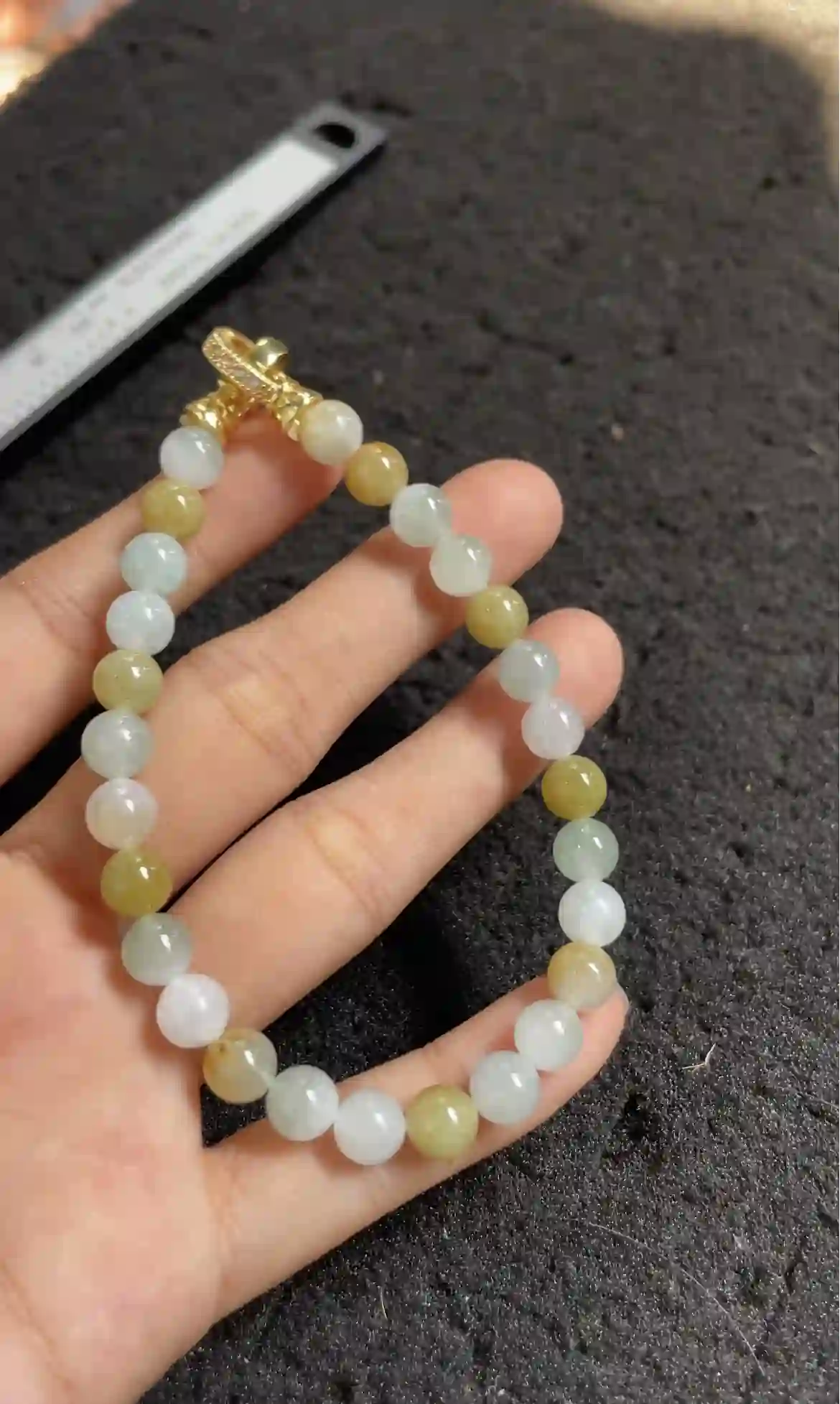 Natural Icy Green & Yellow Jade Beaded Bracelet, view 2 | Myanmar Jadeite reference #2280009