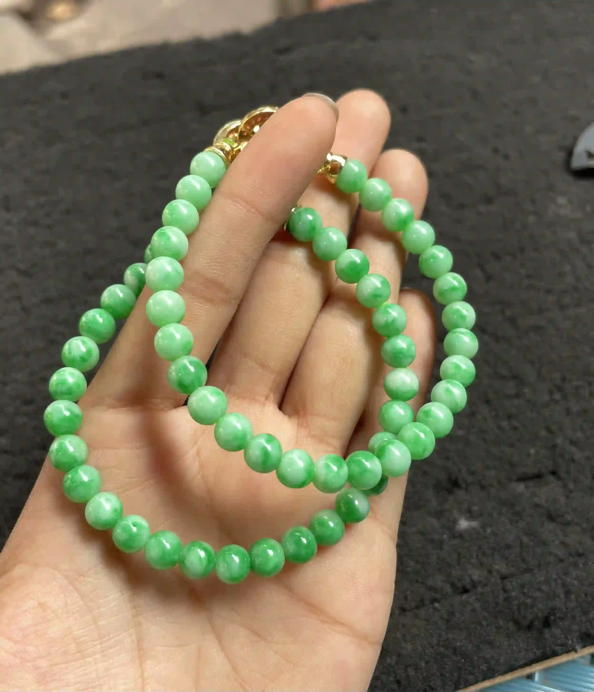 Vivid Green Jade Bead Bracelets with Gold-tone Clasps, view 2 | Myanmar Jadeite reference #540003