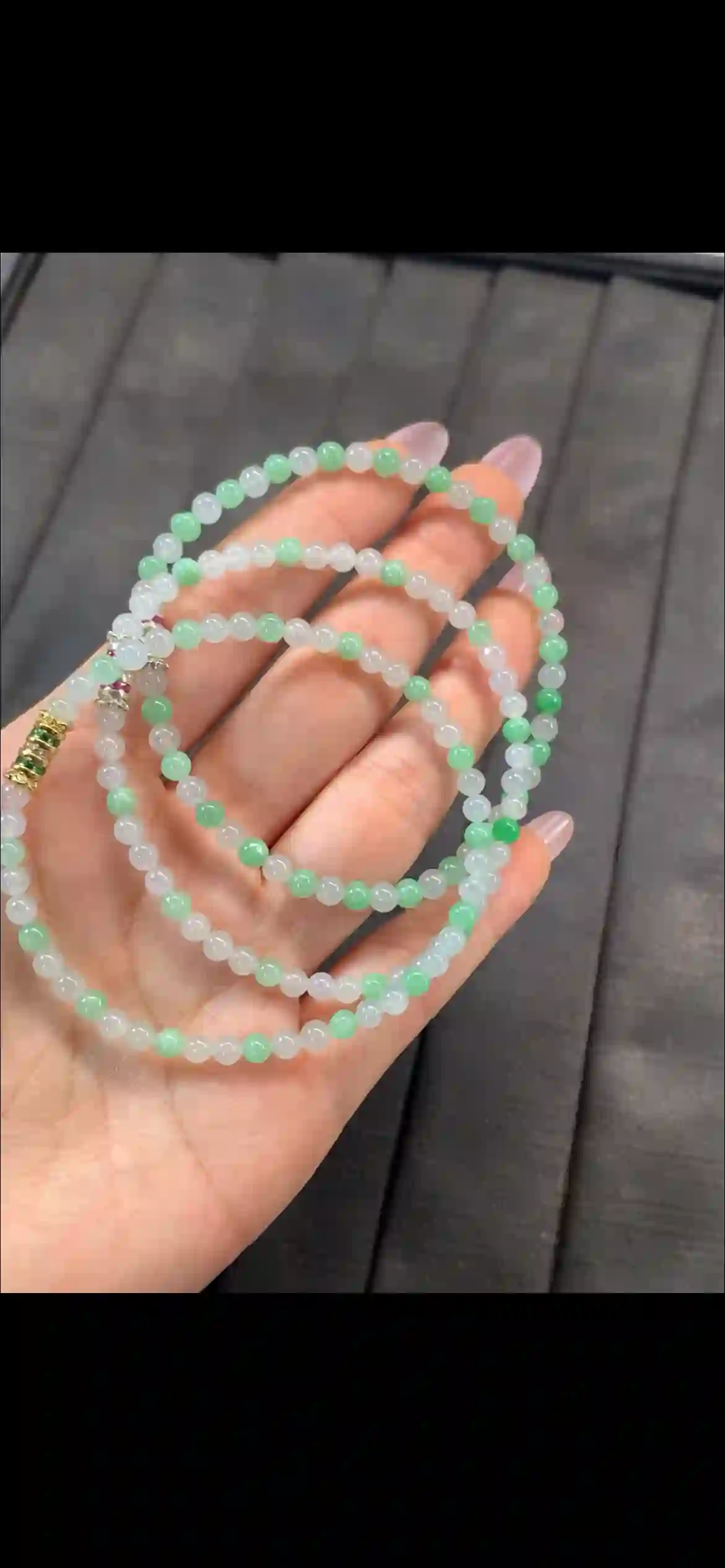 Icy White & Apple Green Jadeite Beaded Necklace | Myanmar Jadeite reference #10470001