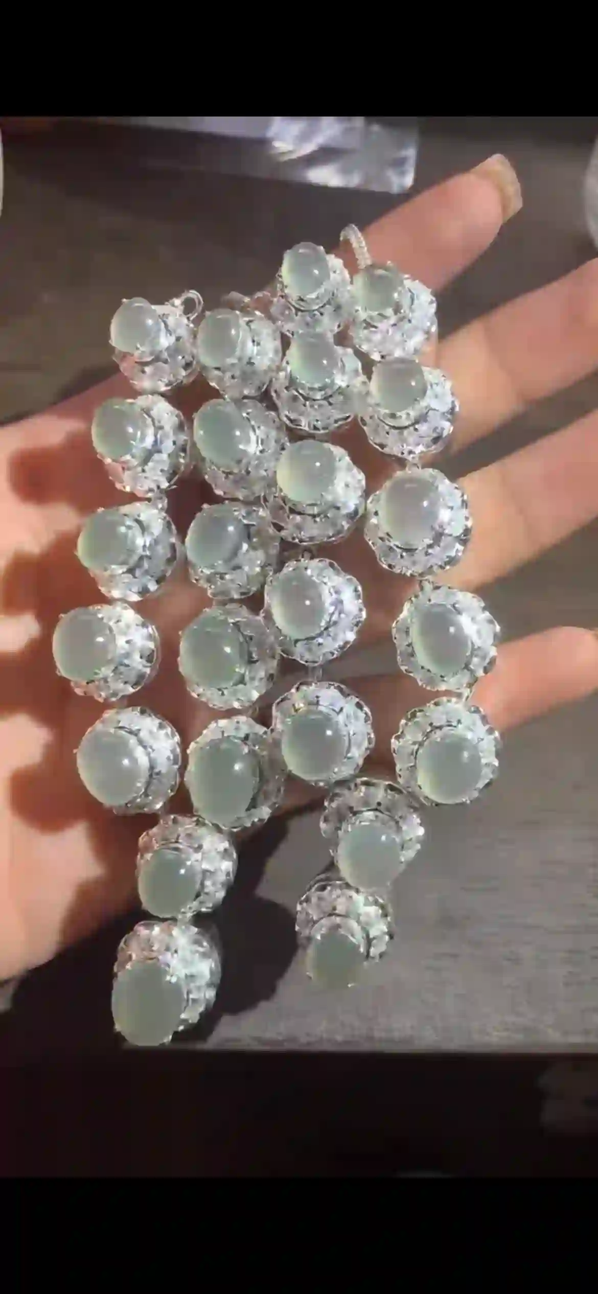 Natural Icy Pale Green Jadeite Cabochon Pendants with Diamond Halo Setting, view 2 | Myanmar Jadeite reference #6930001