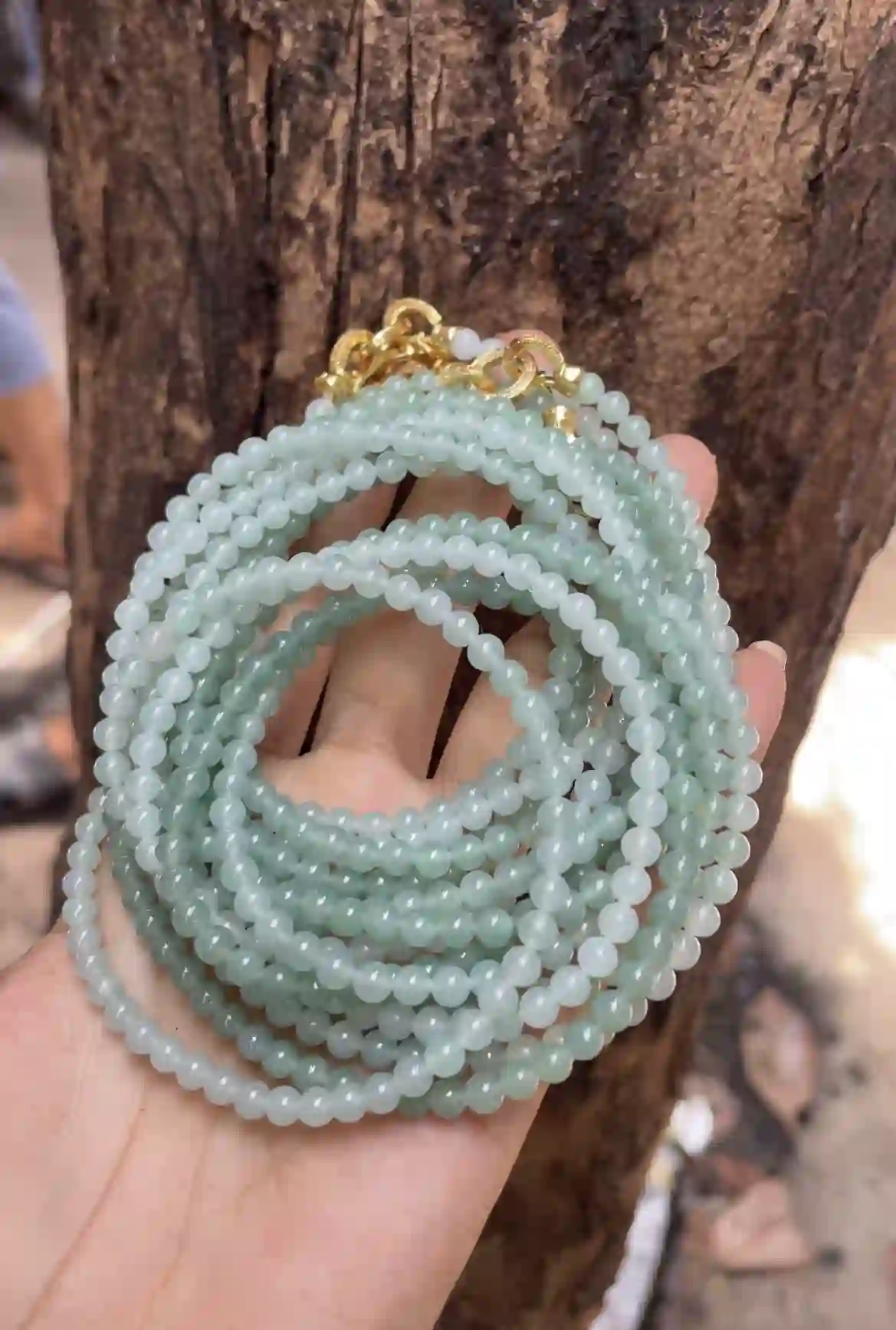 Natural Icy Green Jade Bead Necklace with Gold Clasp | Myanmar Jadeite reference #2520003