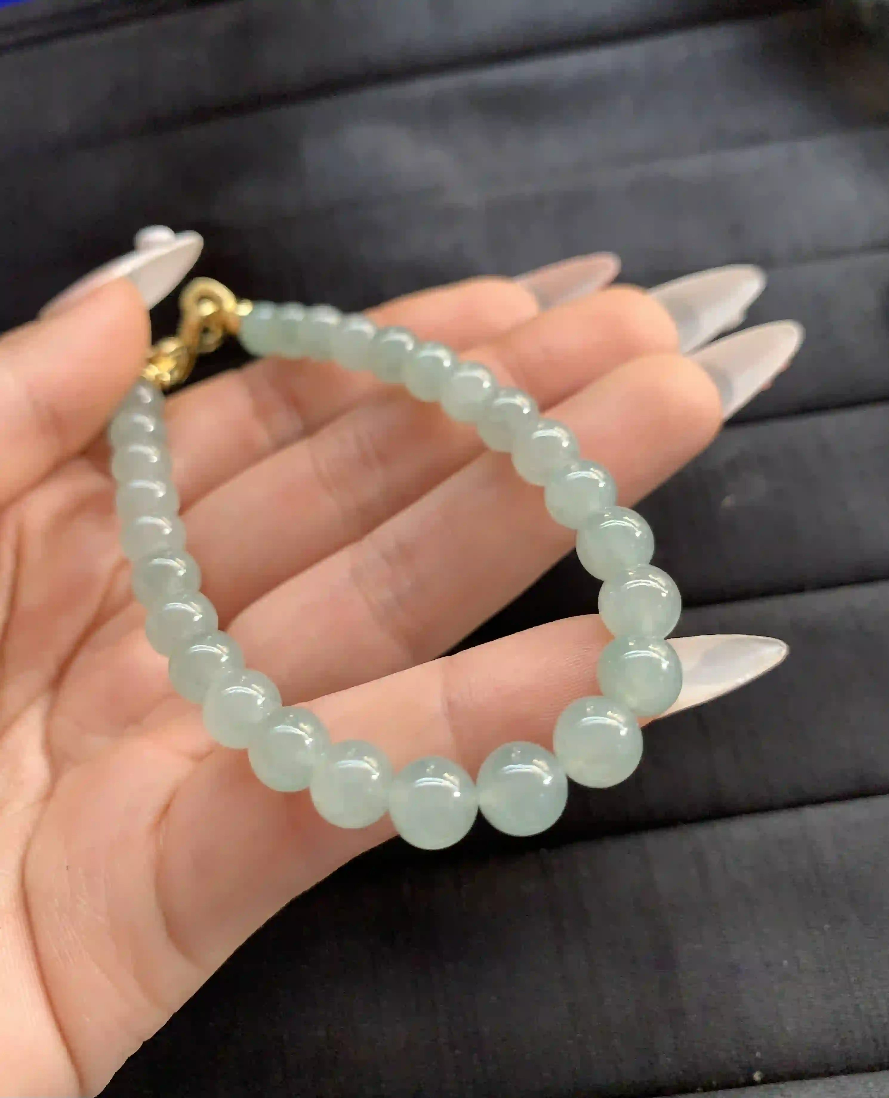  Light Green Jadeite Beaded Bracelet with Gold Clasp, view 2 | Myanmar Jadeite reference #1290007