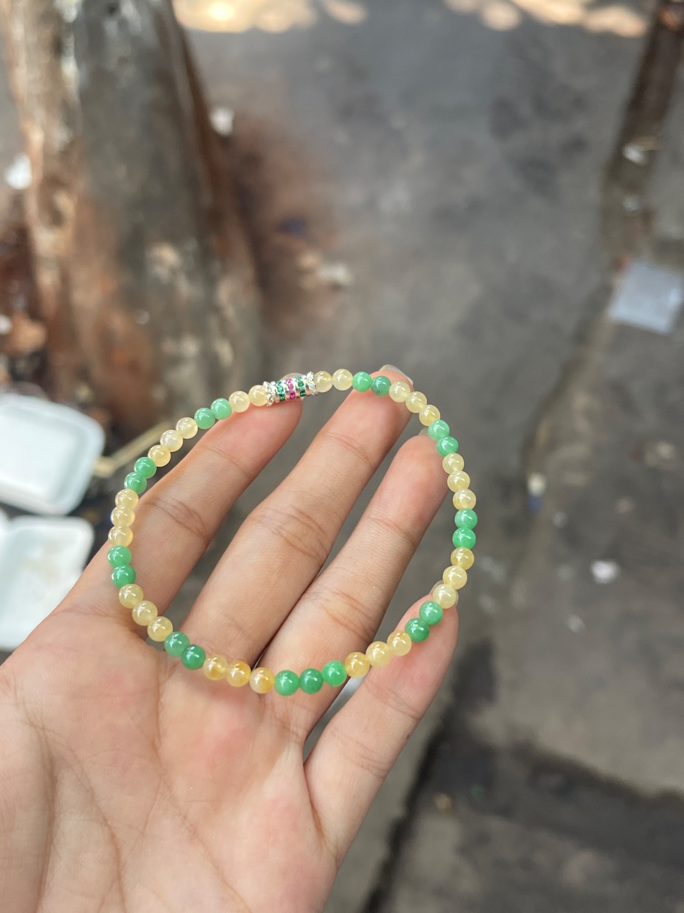Natural Ice Variety Honey Yellow & Mint Green Jadeite Small Bead Bracelet with Silver Gemstone Accent - Burmese Jadeite from Myanmar