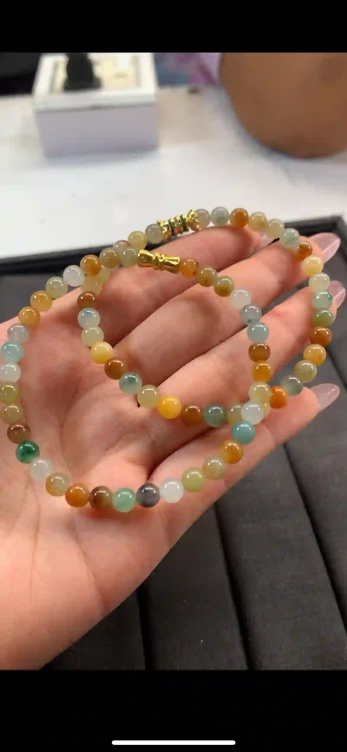 Warm Multi-Tone Rainbow Jadeite Double-Strand Bracelet, view 2 | Myanmar Jadeite reference #10620001