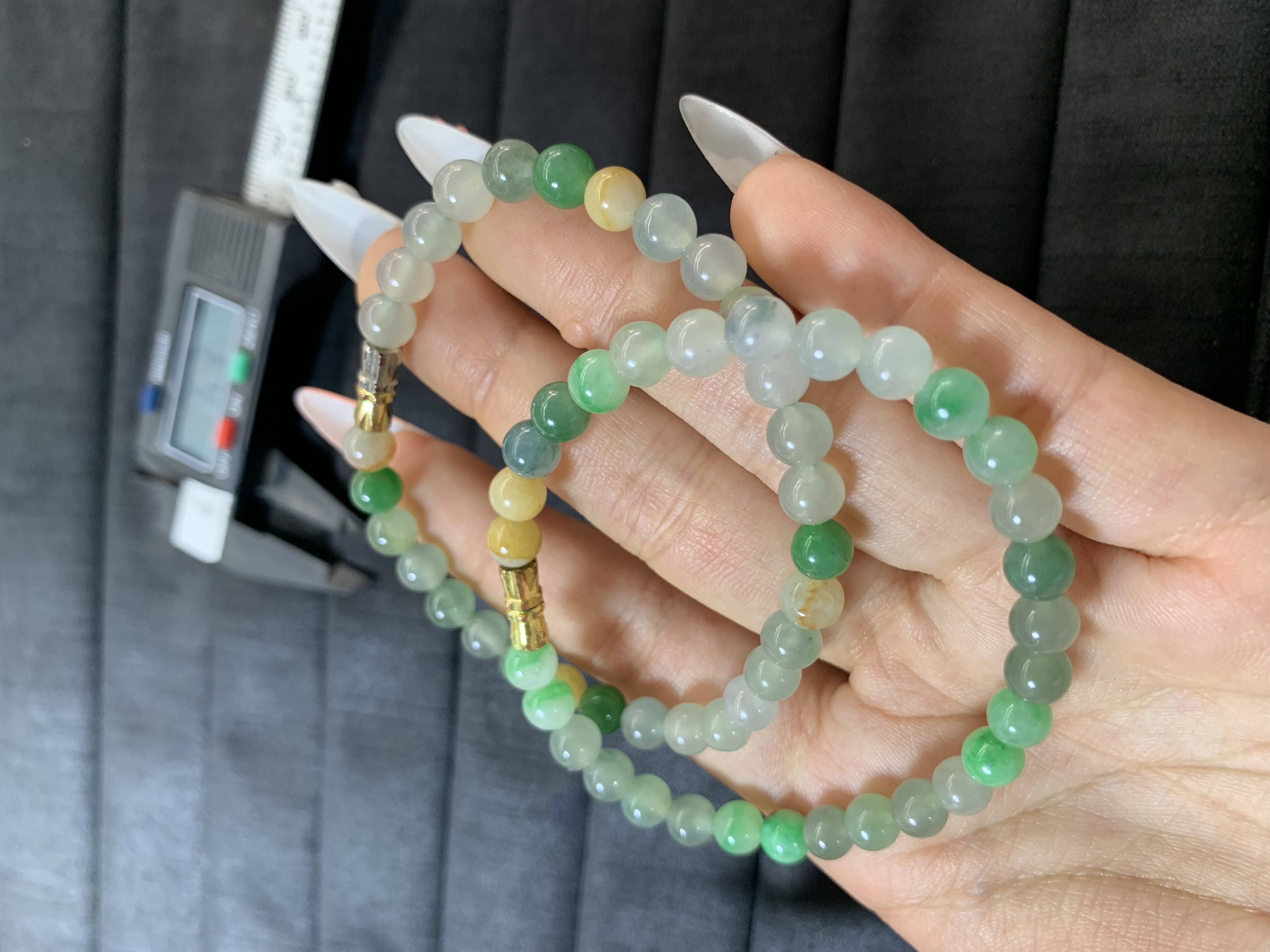 Pair of Green and Translucent Jade Beaded Bracelets with Gold Accents - Burmese Jadeite from Myanmar