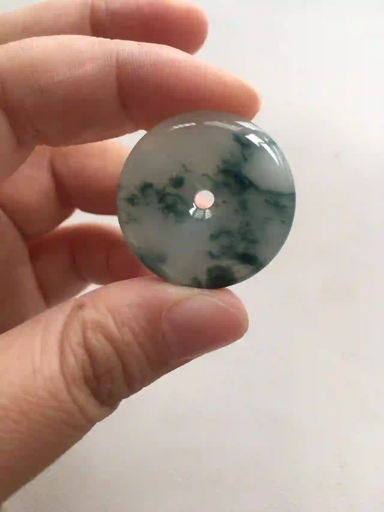   Icy Jade Donut Pendant with Green Floral Inclusions | Myanmar Jadeite reference #2070013