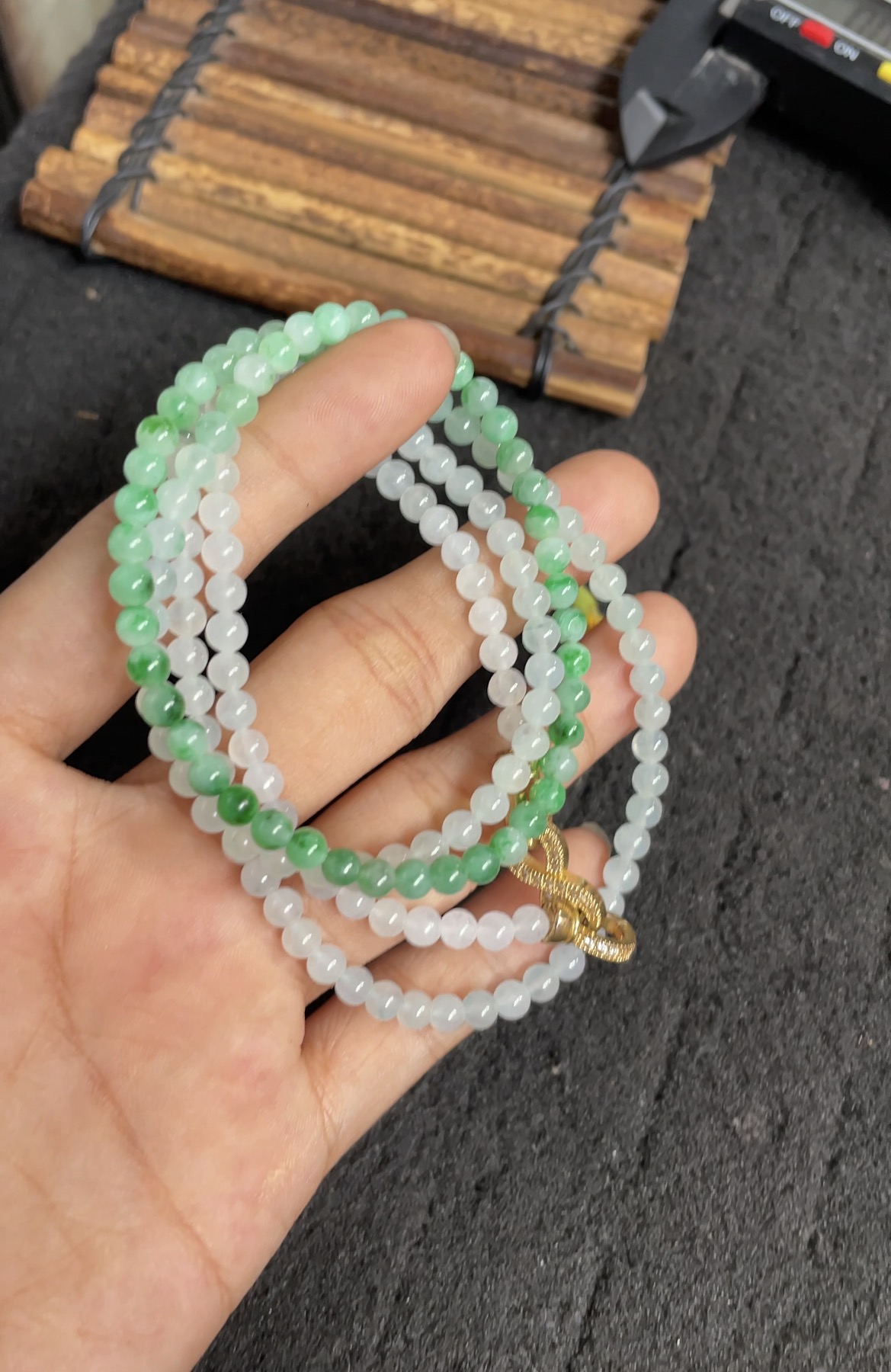 Natural Green & White Jadeite Beaded Necklace - Burmese Jadeite from Myanmar