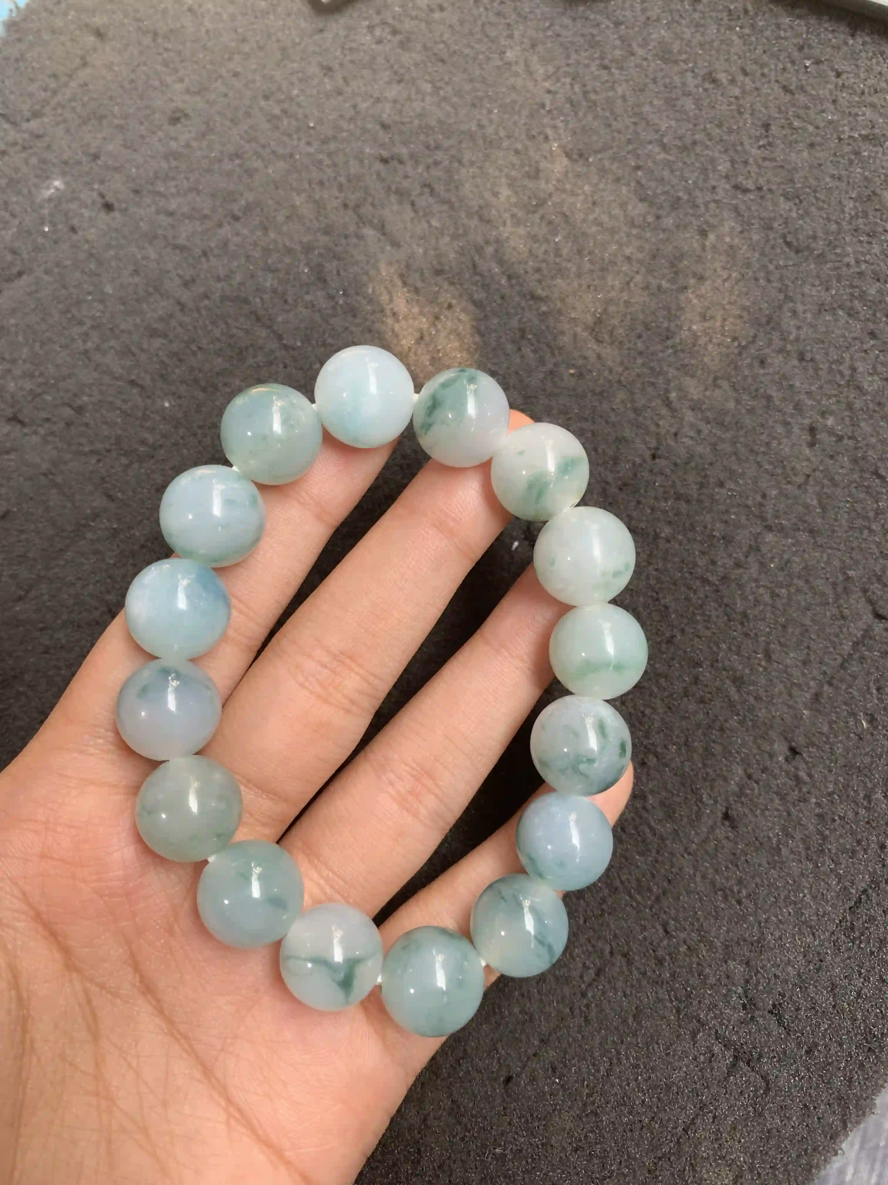 Light Blue-Green Translucent Jade Beaded Bracelet with Natural Floral Inclusions, view 2 | Myanmar Jadeite reference #510007