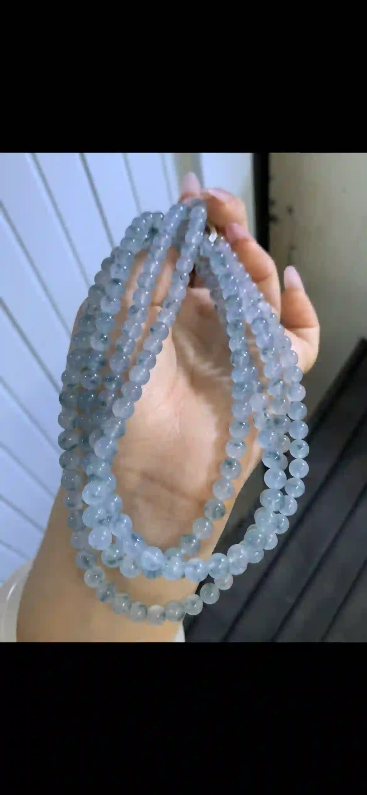Icy Blue Floating Flower Jadeite Bead Necklace | Myanmar Jadeite reference #8310003