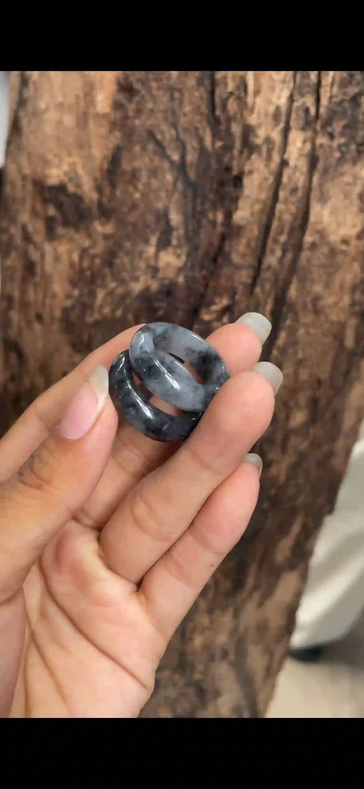 Pair of Icy Black‑Gray “Ink” Jadeite Band Rings, view 2 | Myanmar Jadeite reference #9360002
