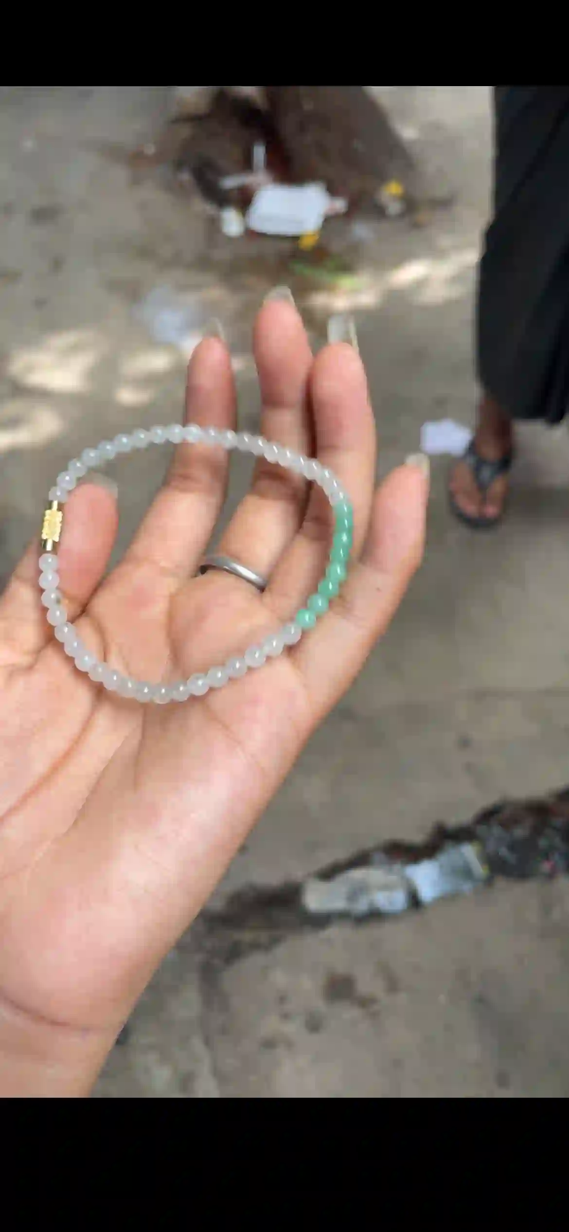 Icy White Jade Bracelet with Emerald Green Accent Beads & Gold Clasp, view 2 | Myanmar Jadeite reference #21510001