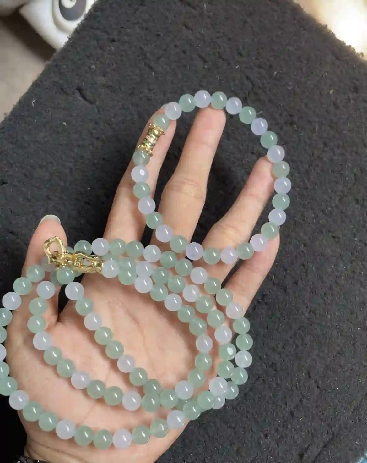 Icy White & Pale Green Gradient Jadeite Long Beaded Necklace with Gold Plated Clasp, view 2 | Myanmar Jadeite reference #3810001