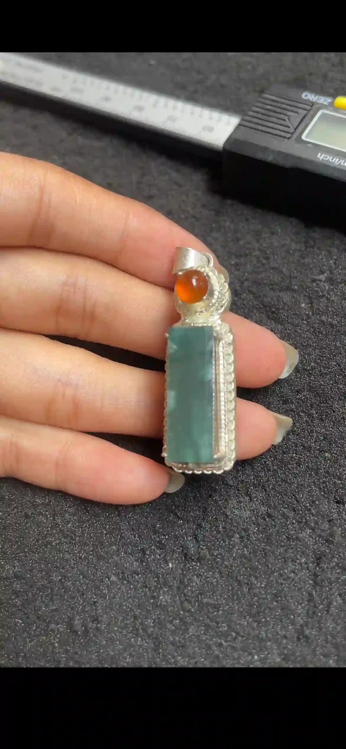 Deep Blue-Green Jadeite Rectangle Pendant with Orange Accent in Silver Setting, view 2 | Myanmar Jadeite reference #4140001