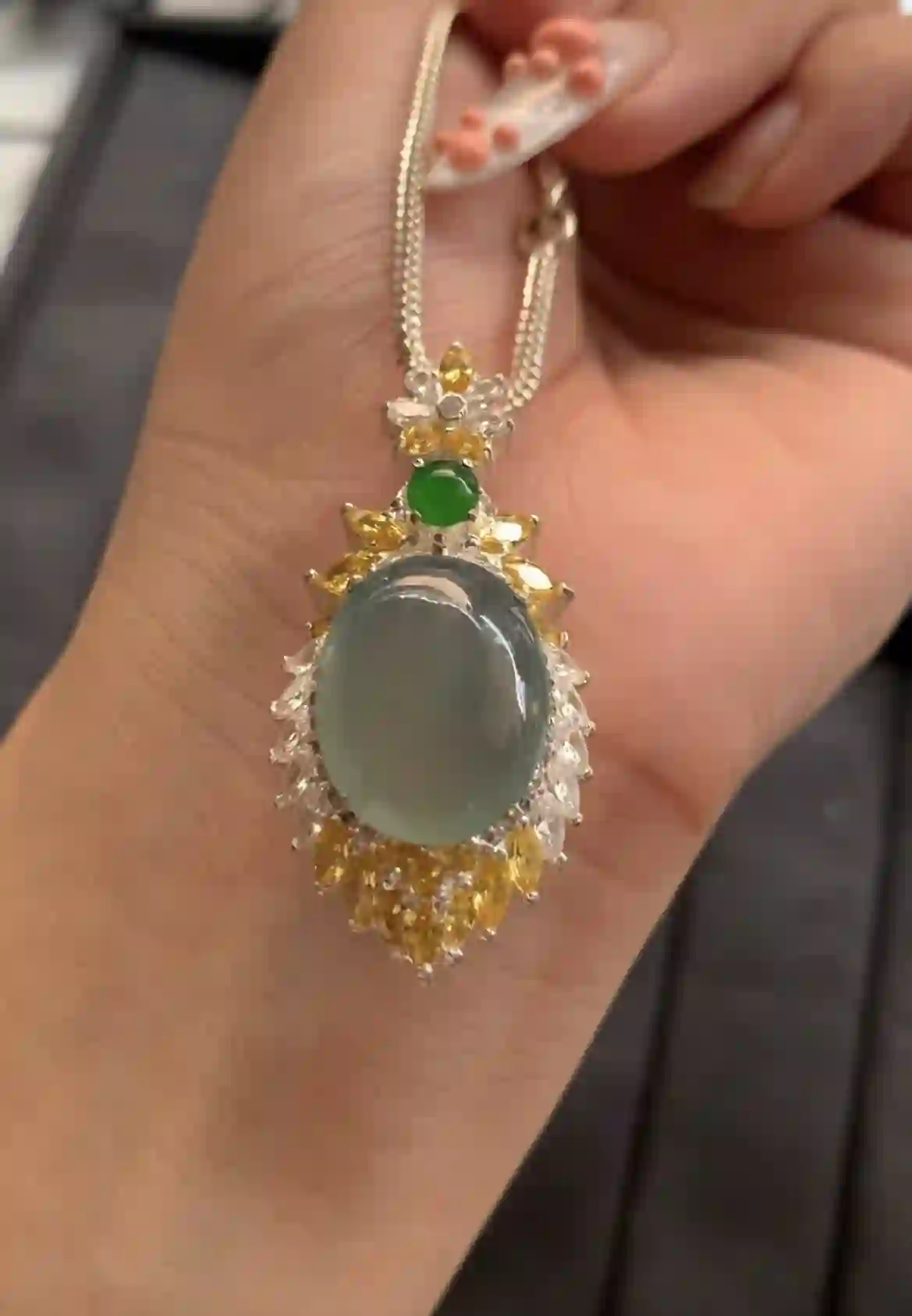 Icy Green Jadeite Pendant with Gemstone Accents | Myanmar Jadeite reference #2190002