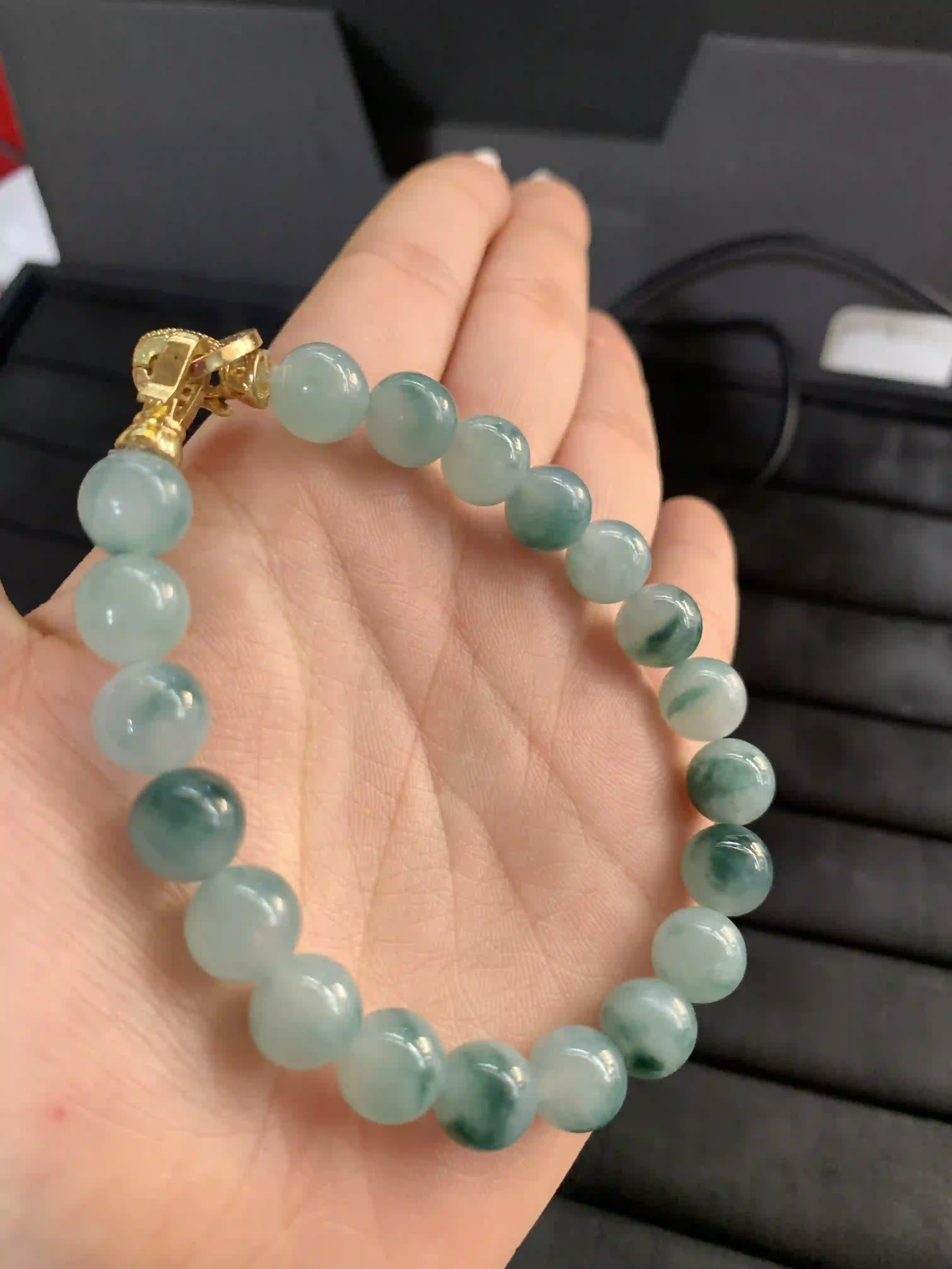 Misty Green Patterned Beaded Bracelet with Gold Clasp, view 2 | Myanmar Jadeite reference #1350008