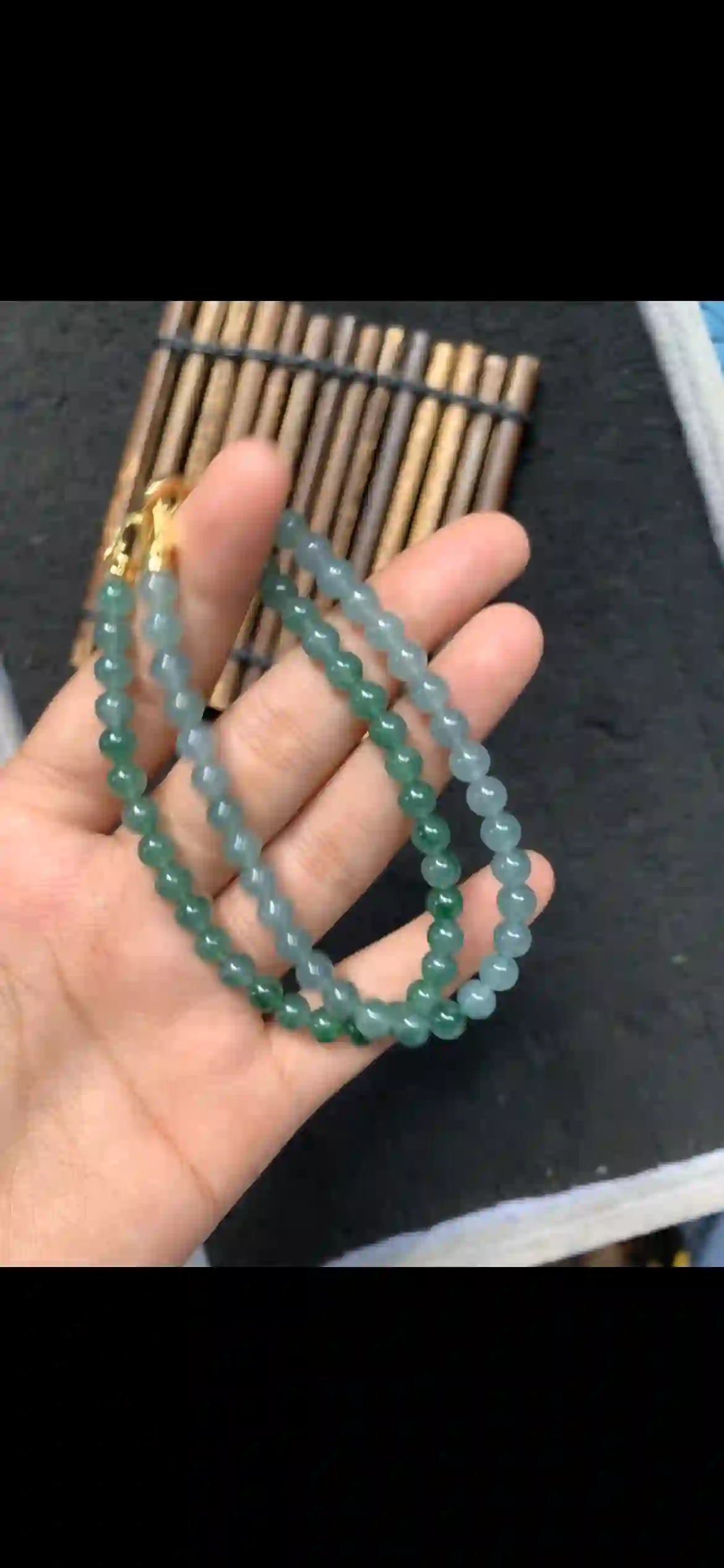  Natural Icy Blue-Green Jadeite Bead Necklace with Gold Clasp | Myanmar Jadeite reference #6900002