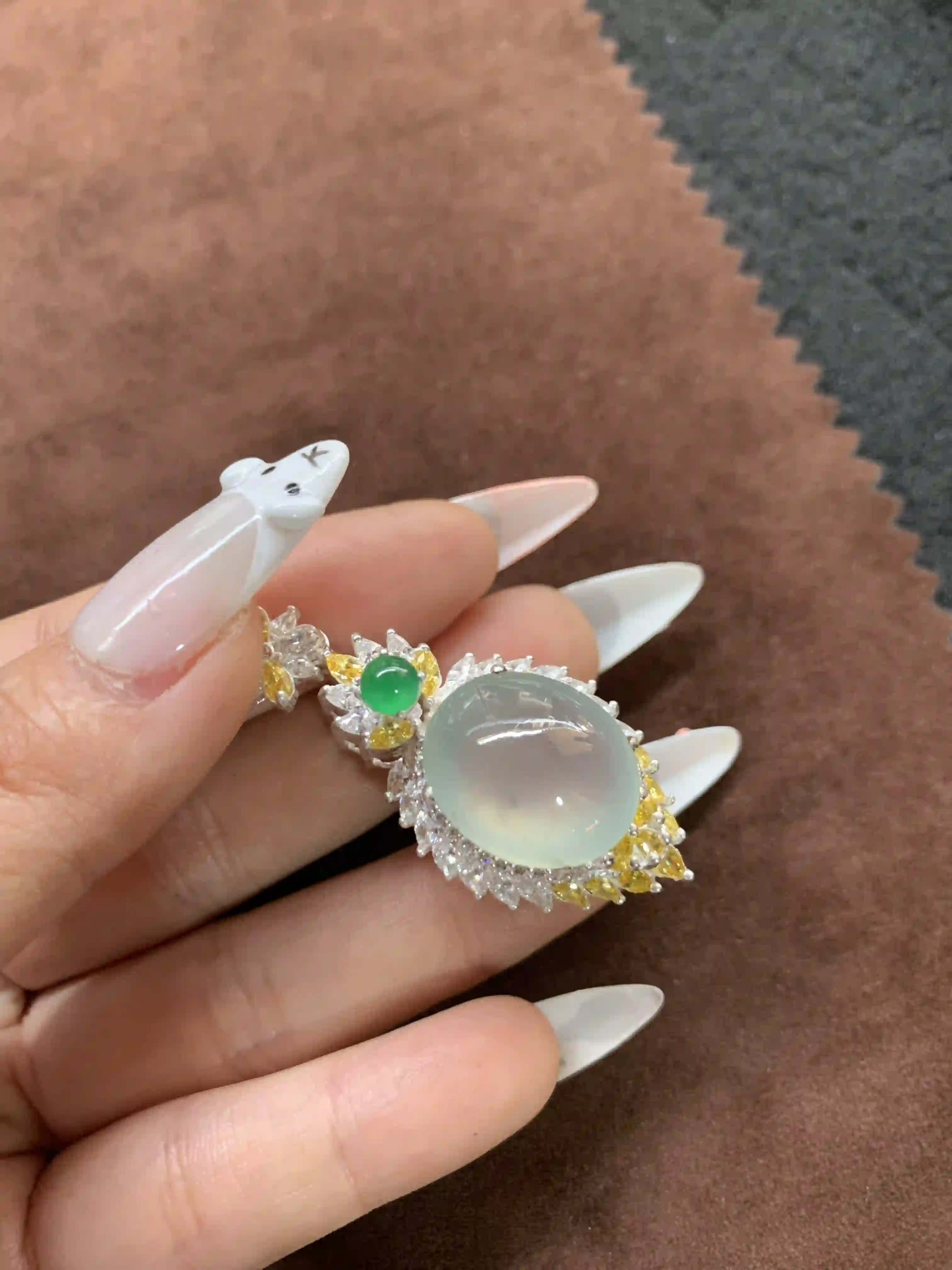 Translucent Jadeite Cocktail Ring with Green & Yellow Accents | Myanmar Jadeite reference #870005