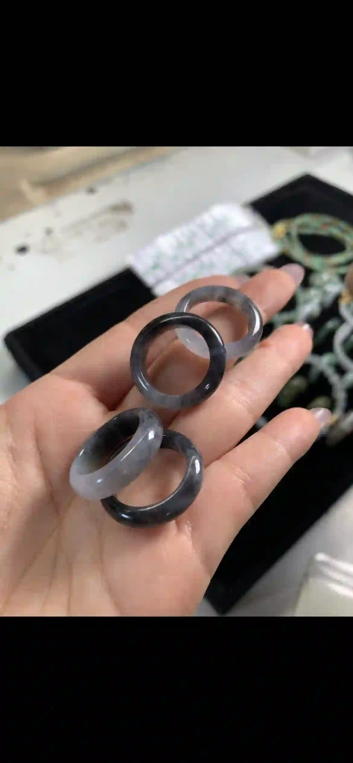 Black‑Water Ink‑Painting Jadeite Band Ring Set, view 2 | Myanmar Jadeite reference #11460001